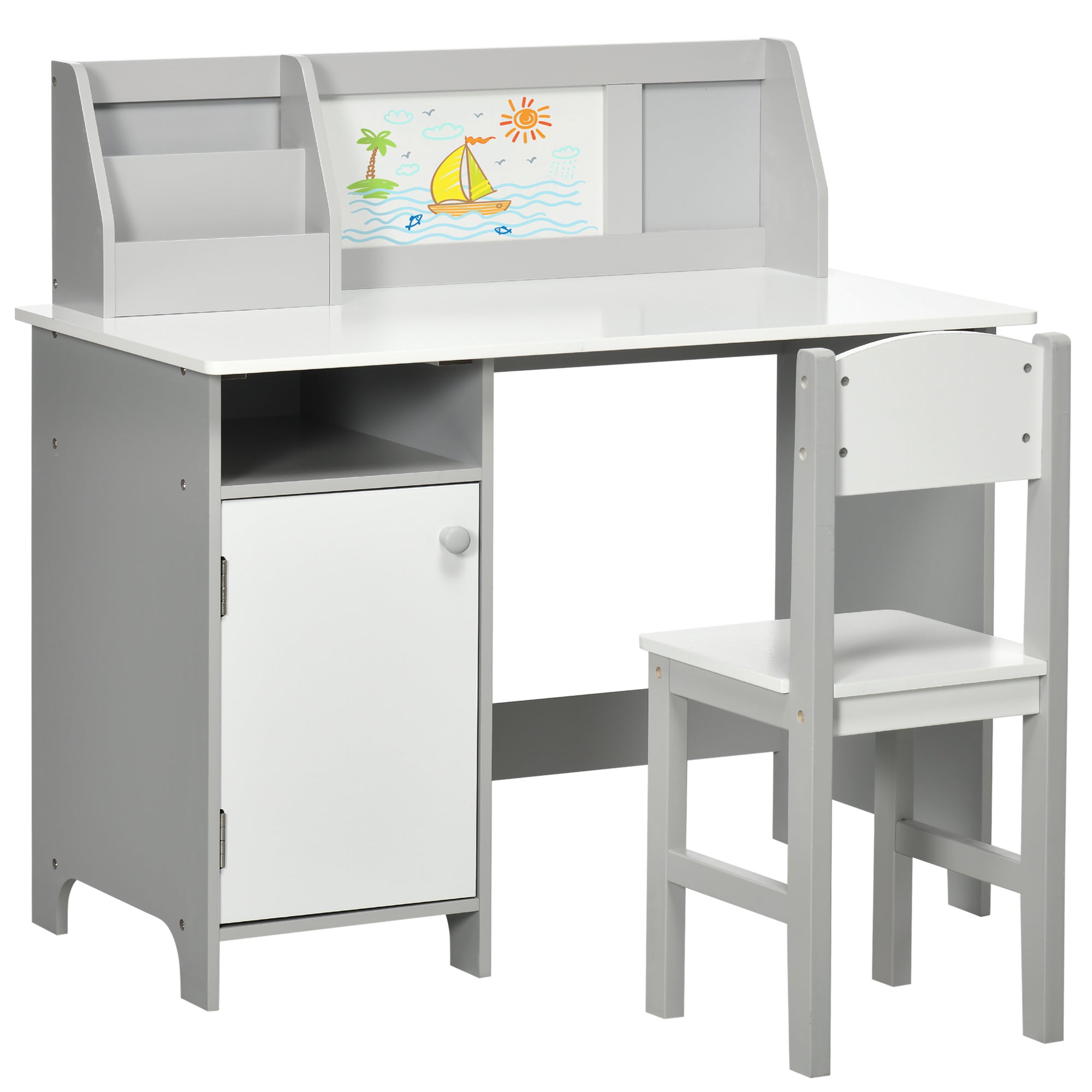 Kids Table and Chair Set with Whiteboard Wooden Study Desk for Children 5+ Years Kid's Writing Desk 90x45x85 cm Gray