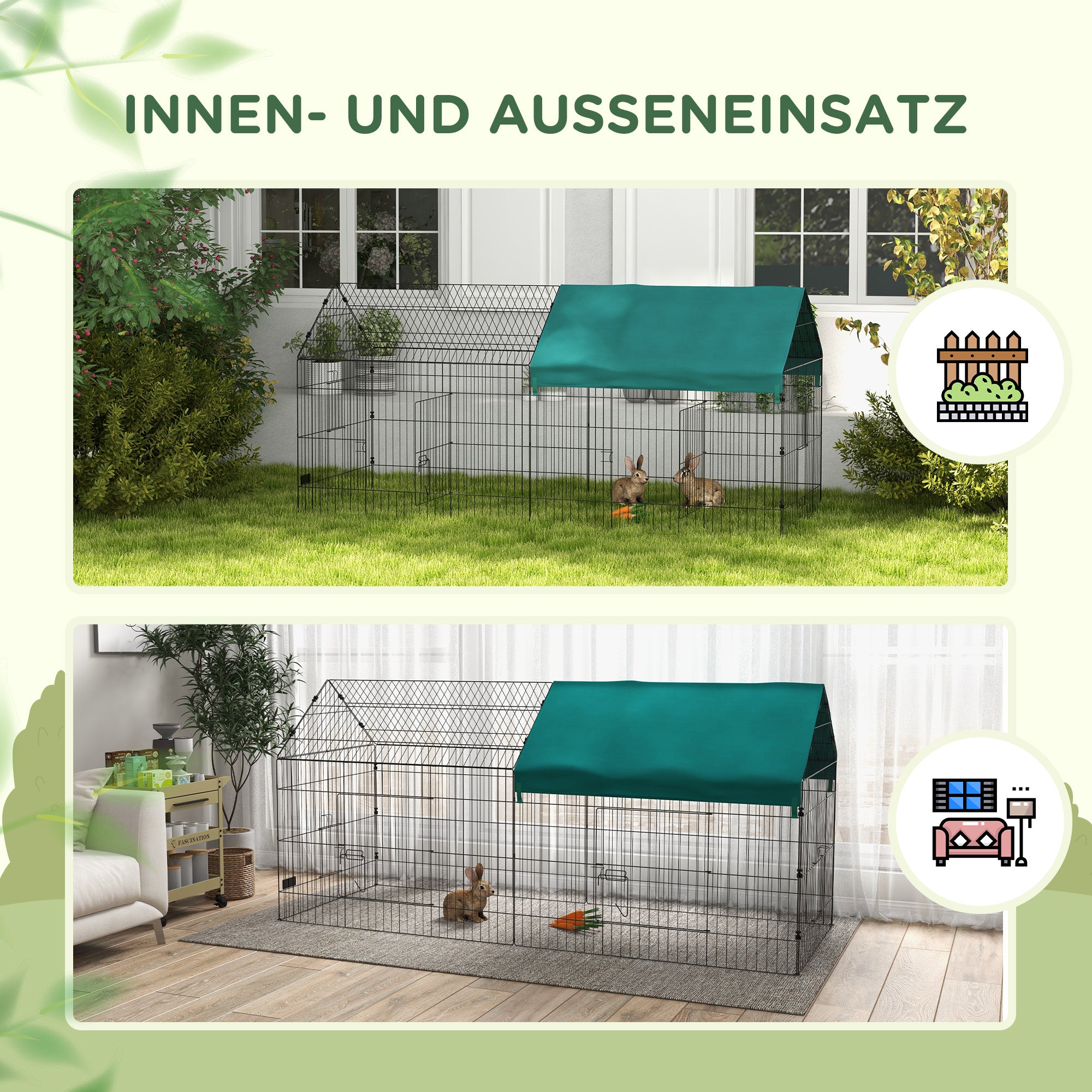 Outdoor Enclosure 220 x 85 x 103 cm Small Animal Enclosure with Cover, 4 Doors, Guinea Pig Enclosure for Rabbits, Indoor, Outdoor, Steel, Green