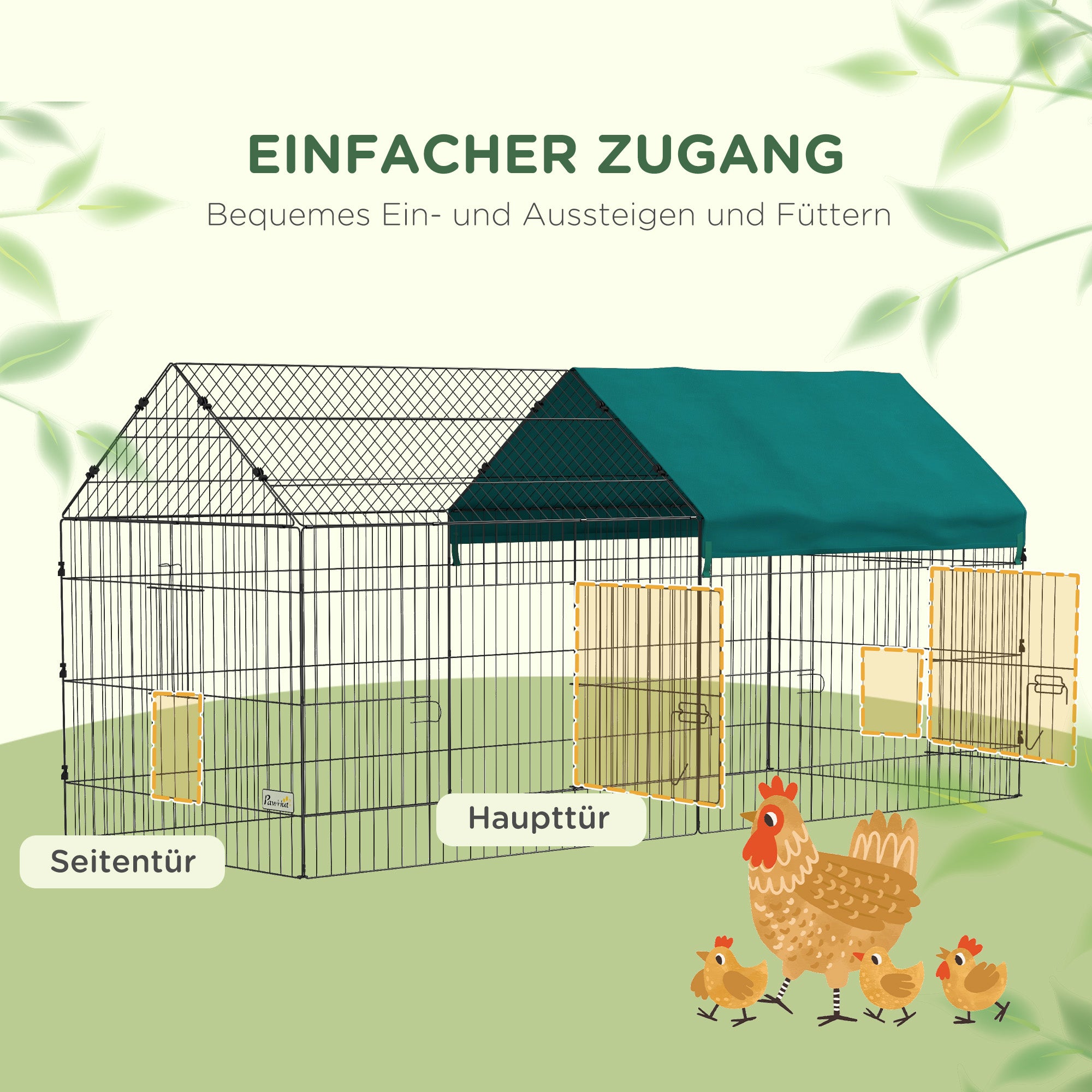 Outdoor Enclosure 220 x 85 x 103 cm Small Animal Enclosure with Cover, 4 Doors, Guinea Pig Enclosure for Rabbits, Indoor, Outdoor, Steel, Green