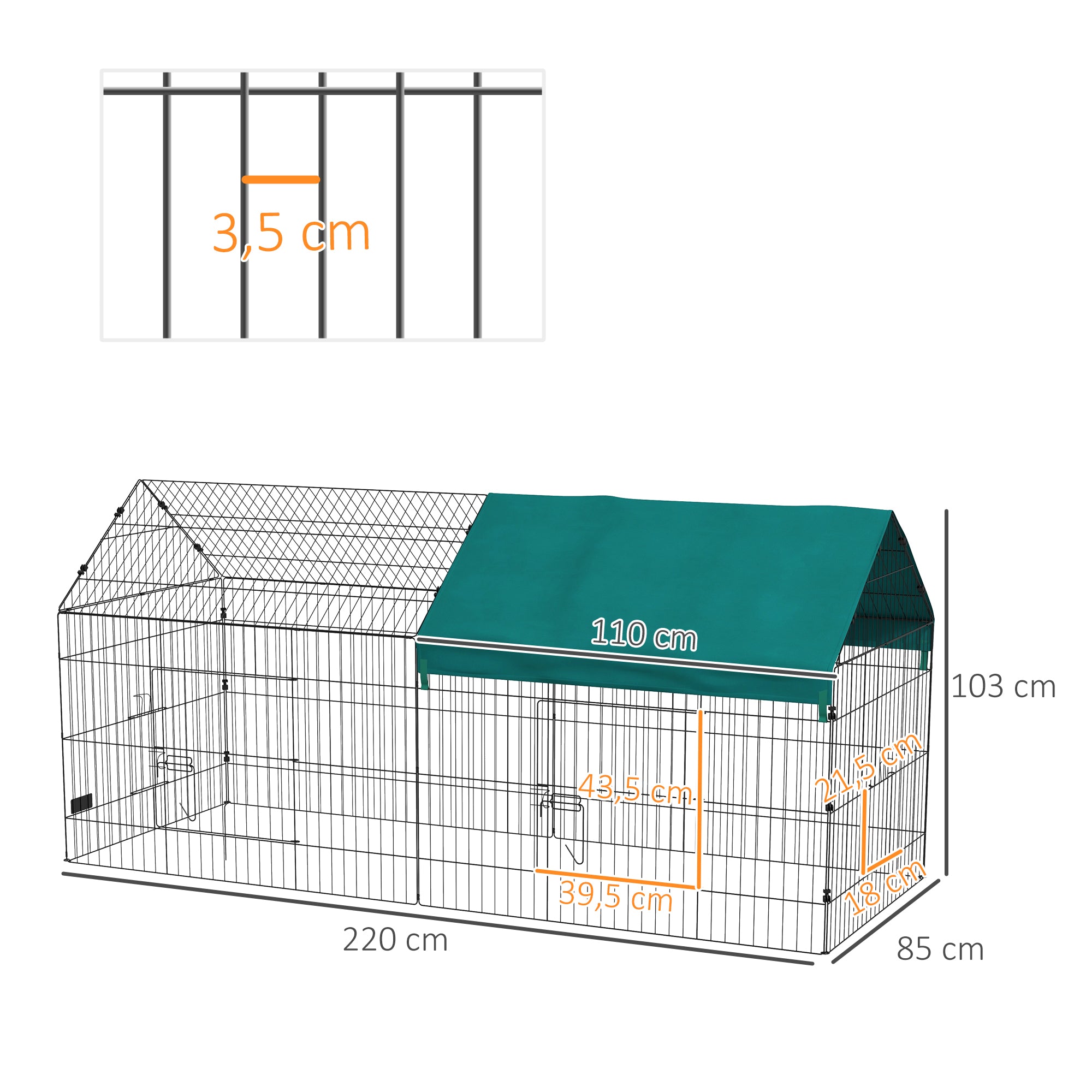 Outdoor Enclosure 220 x 85 x 103 cm Small Animal Enclosure with Cover, 4 Doors, Guinea Pig Enclosure for Rabbits, Indoor, Outdoor, Steel, Green