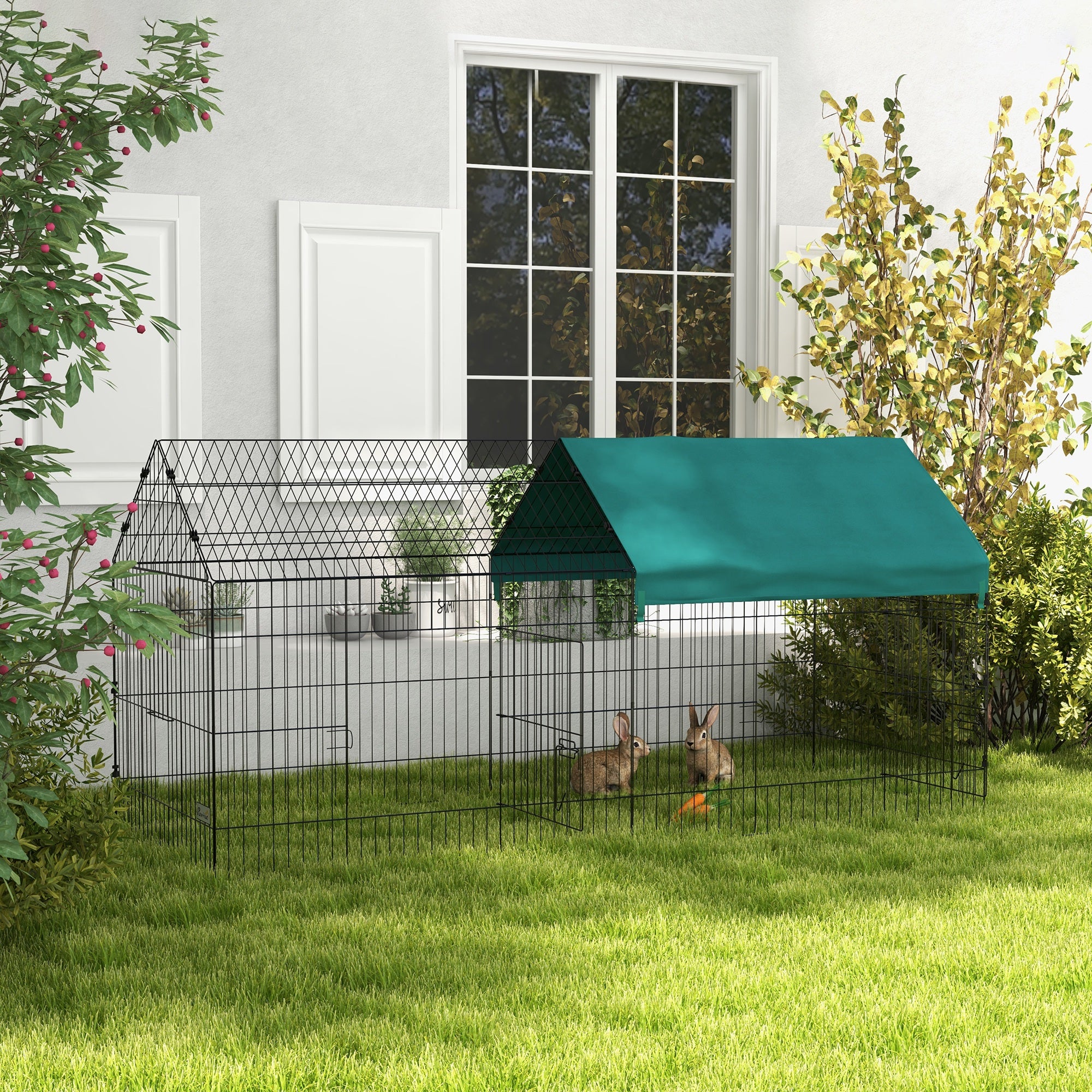 Outdoor Enclosure 220 x 85 x 103 cm Small Animal Enclosure with Cover, 4 Doors, Guinea Pig Enclosure for Rabbits, Indoor, Outdoor, Steel, Green