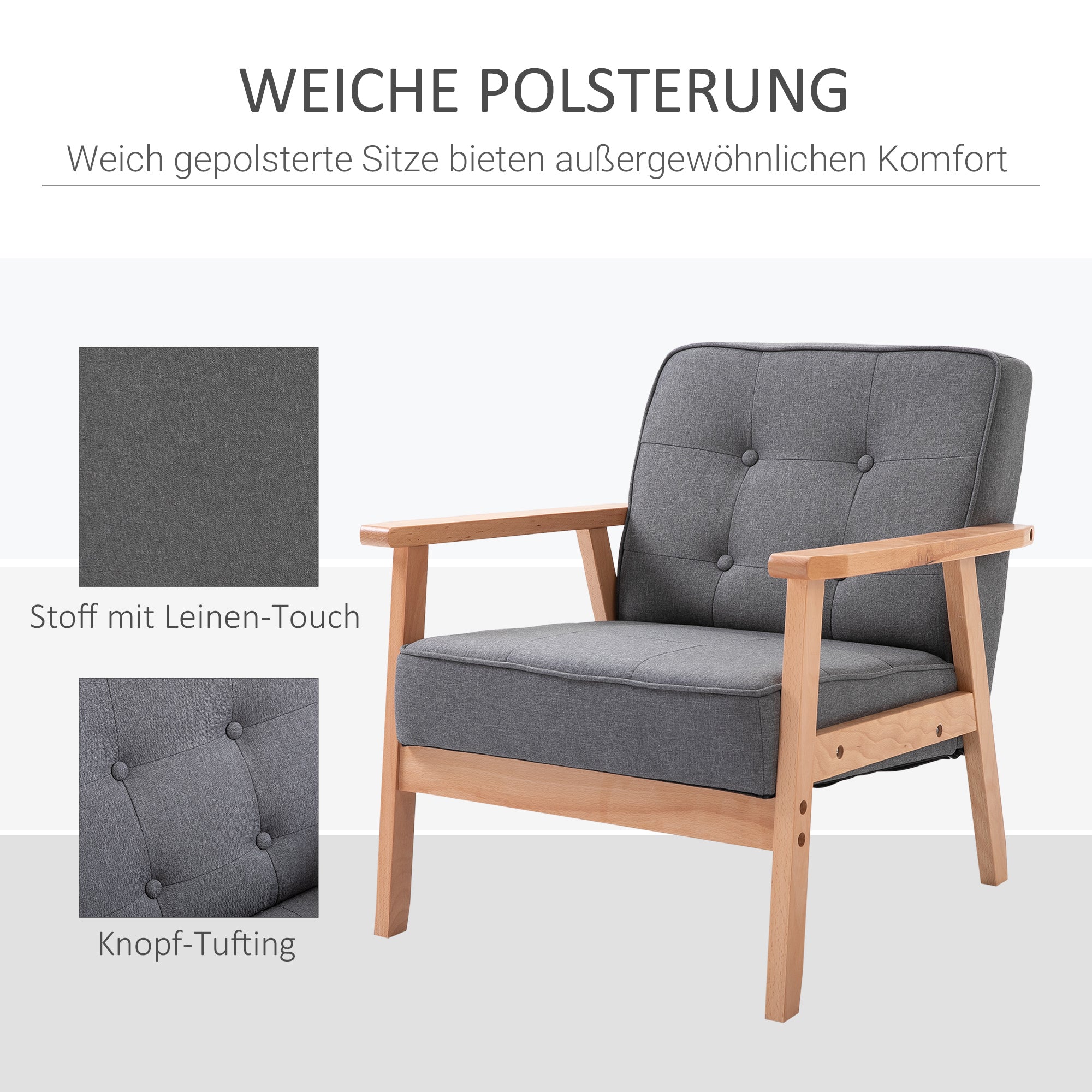 Single Sofa Lounge Armchair Upholstered Chair with Wooden Frame Linen Gray 64.5 x 70 x 74 cm