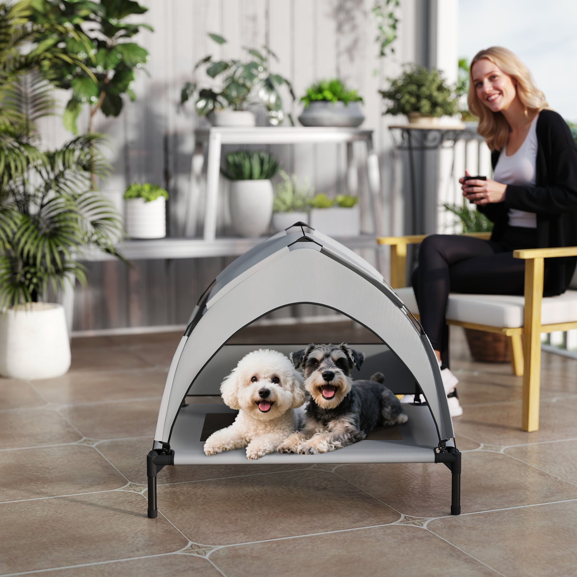 Elevated Outdoor Dog Bed with Canopy — Cooling Pet Lounger for Small to Medium Dogs, Steel Frame, Storage Bag, 30 x 24 x 24 in (Light Gray)