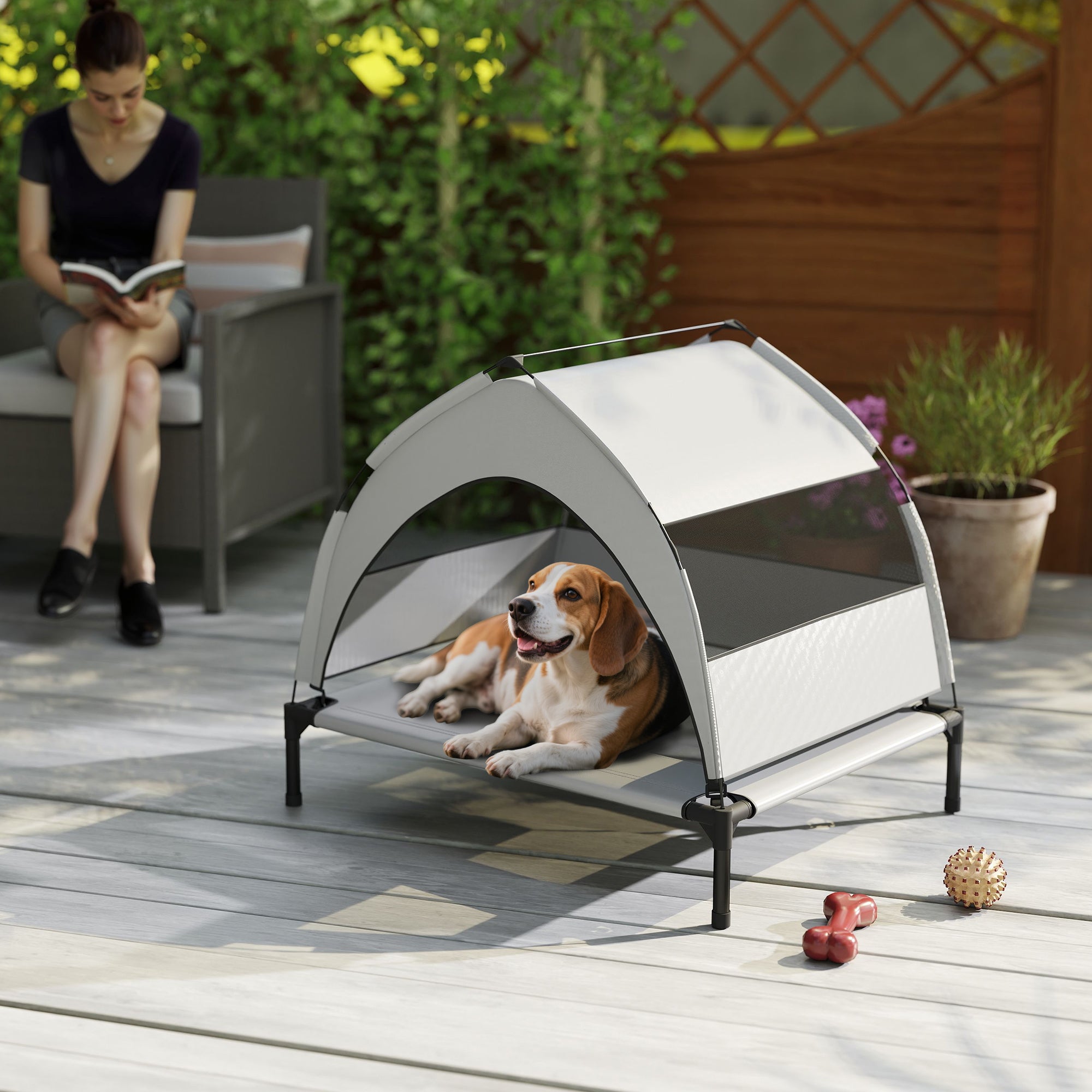 Elevated Outdoor Dog Bed with Canopy — Cooling Pet Lounger for Small to Medium Dogs, Steel Frame, Storage Bag, 30 x 24 x 24 in (Light Gray)