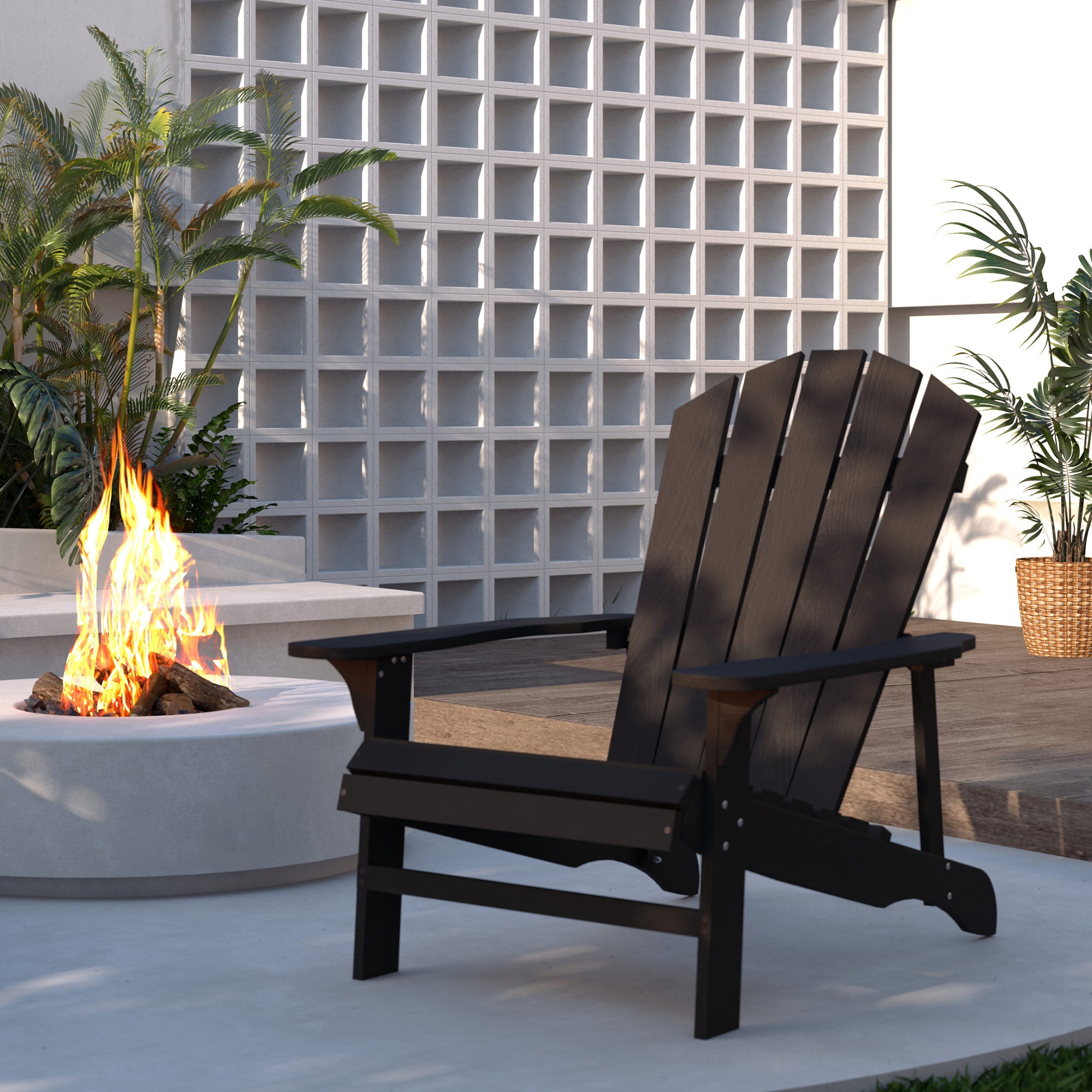 Weather-Resistant Wooden Adirondack Chair for Outdoors — High Back Garden Chair with Wide Armrests, Black, 31 x 35 x 35 in