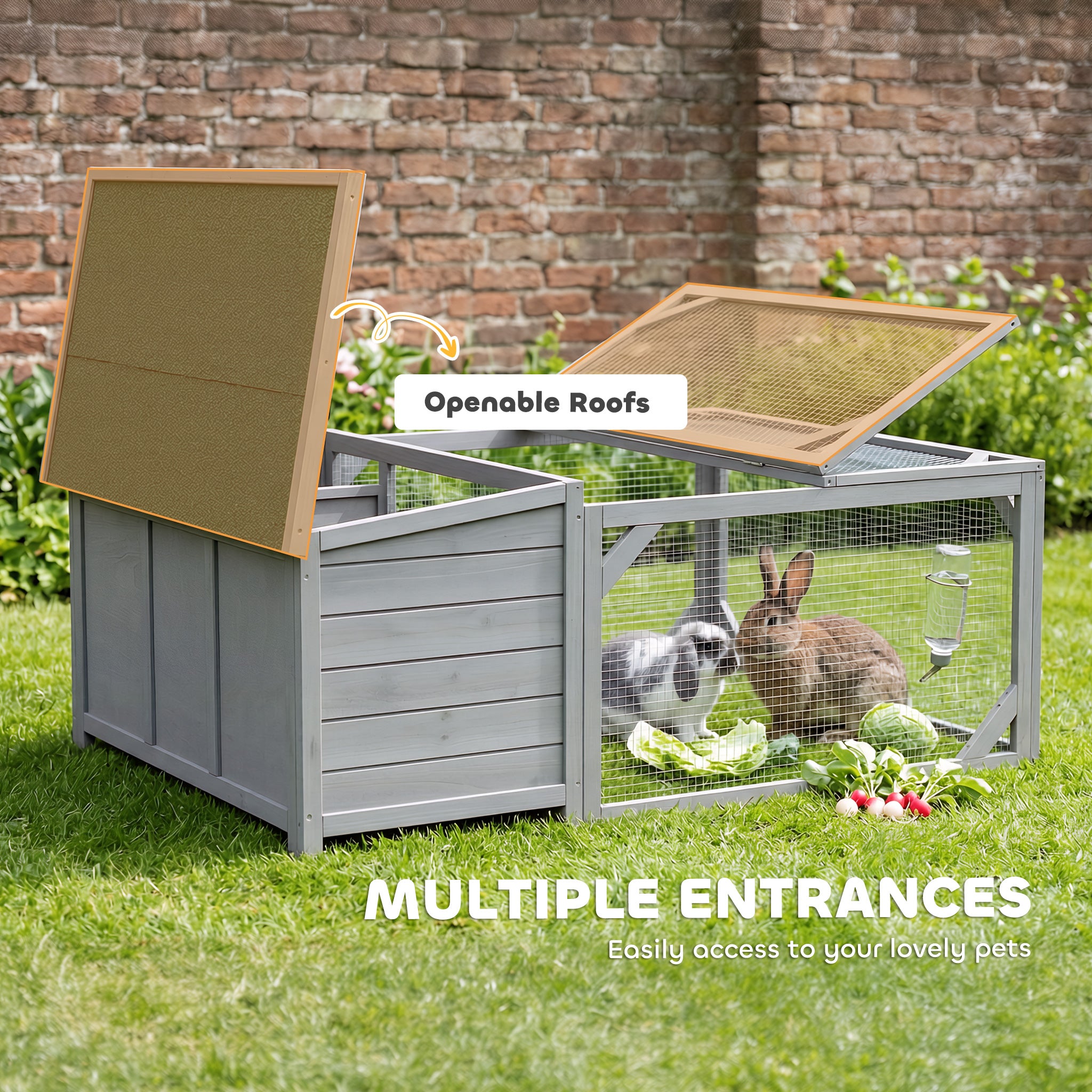 Wooden Rabbit Hutch with Run, 125.5 x 100 x 49 cm – Lift-Top Asphalt Roof, Doors, Outdoor Hutch for Rabbits & Guinea Pigs, Gray