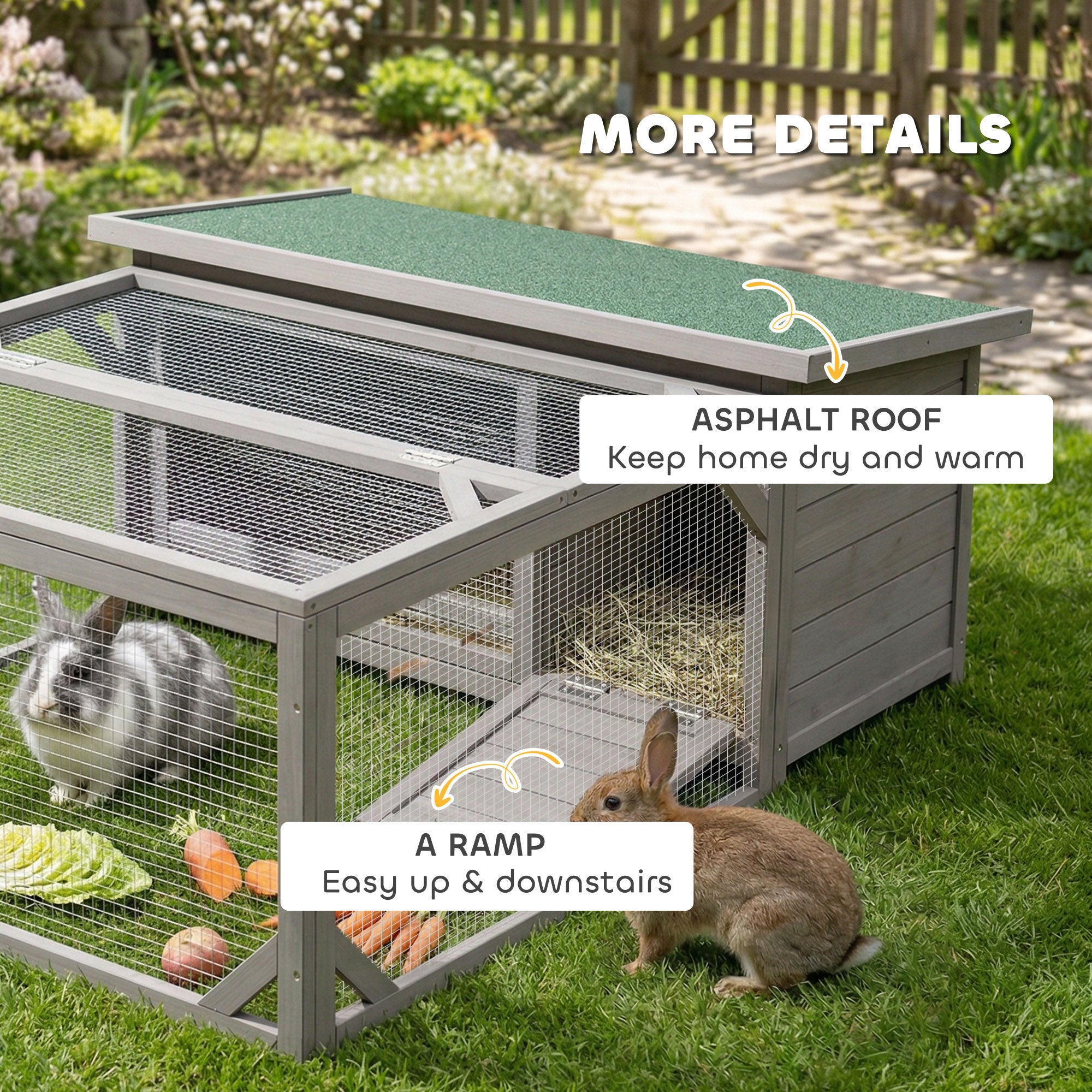 Wooden Rabbit Hutch with Run, 125.5 x 100 x 49 cm – Lift-Top Asphalt Roof, Doors, Outdoor Hutch for Rabbits & Guinea Pigs, Gray
