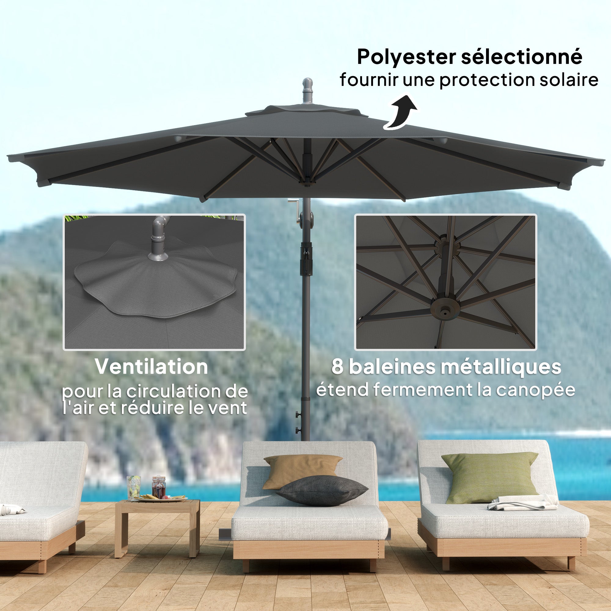 Foldable Octagonal Cantilever Parasol with 3m Diameter Garden Parasol with Dark Gray Cross Stand