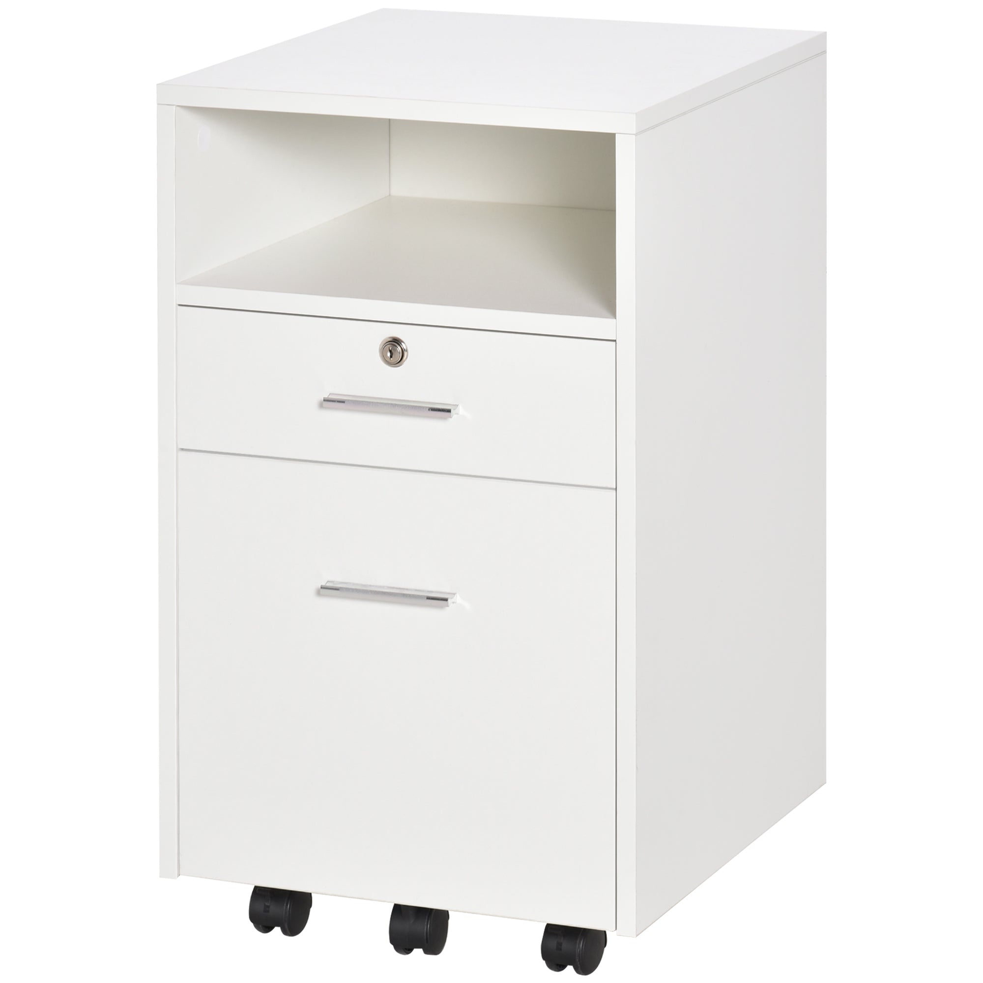 Office Filing Cabinet with 2 Drawers and Open Shelf, Wooden Office Furniture with 5 Wheels, Lock and 2 Keys, 39x40x65 cm, White