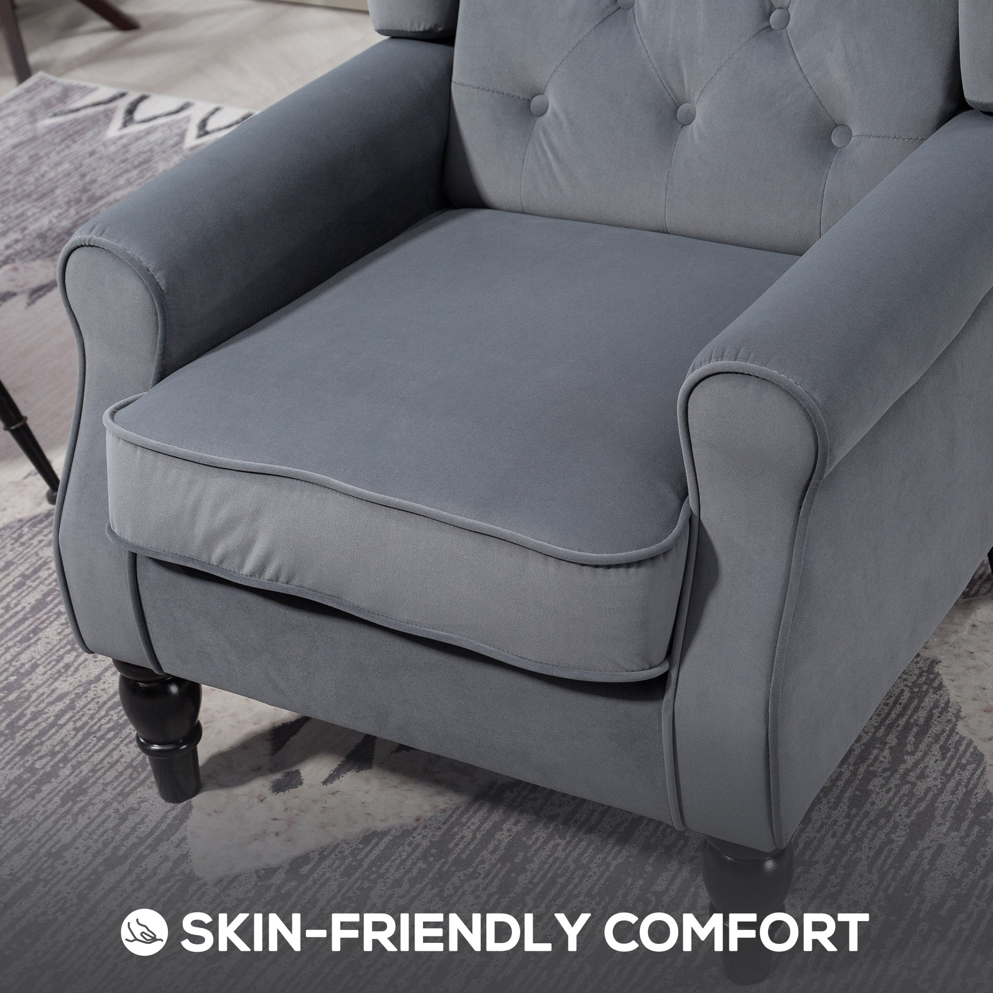Wingback Armchair with Armrests, Tufted Lounge Chair with Cushion, High Back Velvet-Look Accent Chair with Wooden Legs, Gray