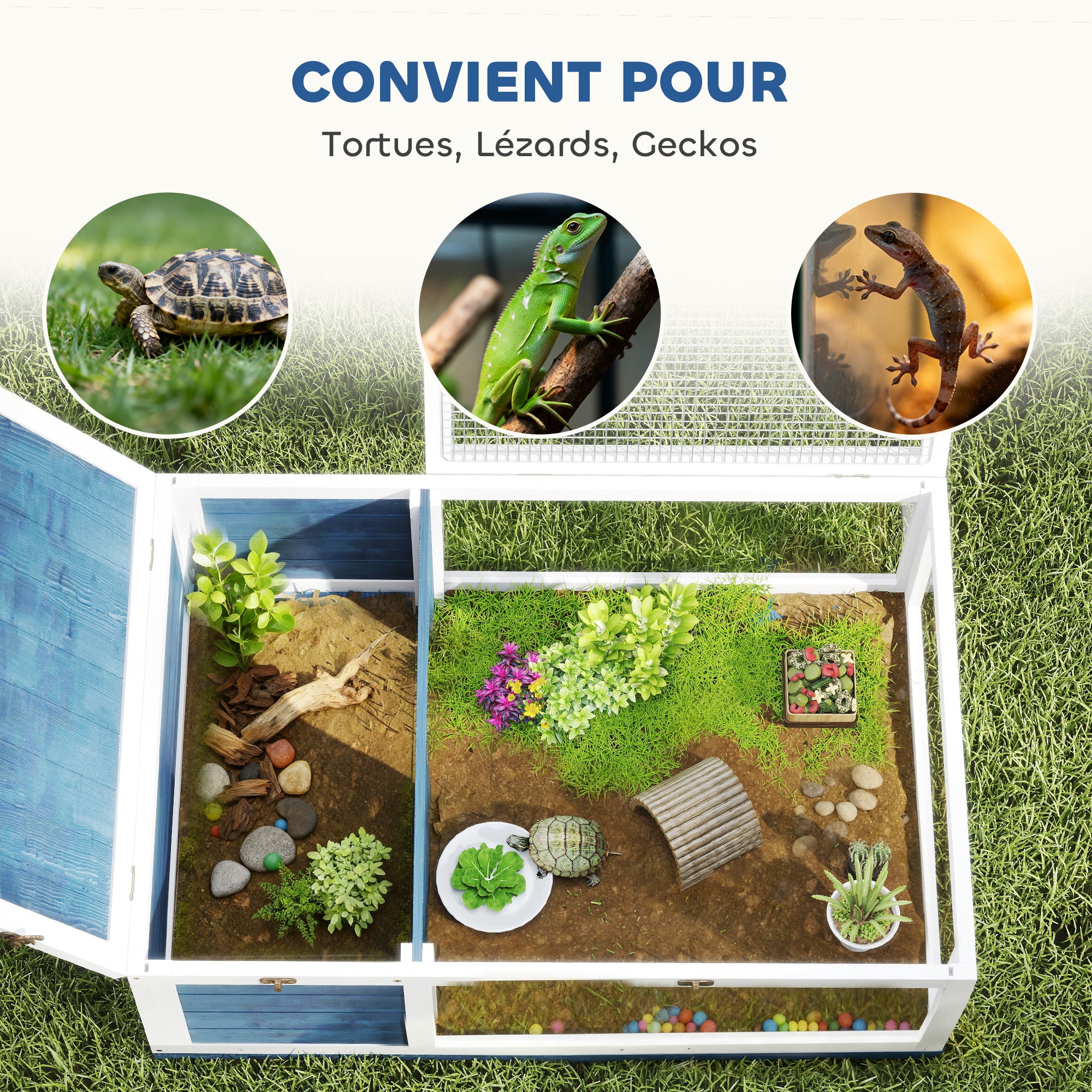 Tortoise House with Modular Space - 2-Zone Habitat, Hinged Roof & Sliding Tray - Indoor/Outdoor Wooden Enclosure for Reptiles, 35.8 x 23.8 x 12.6 in (91 x 60.5 x 32 cm) - Blue