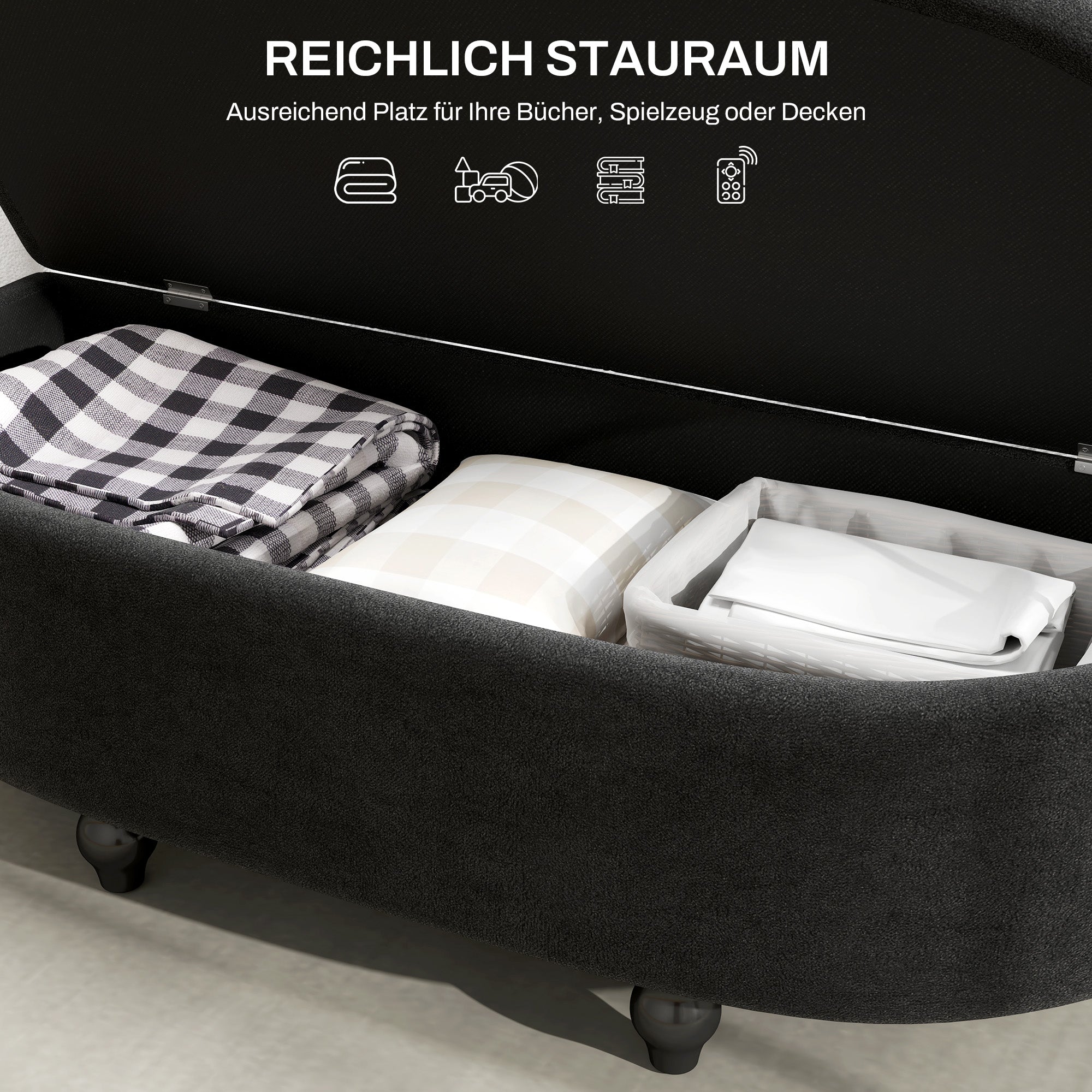 Storage Ottoman Bench with Velvet Upholstery, Open Lid Storage Chest with Wooden Legs, Storage Bench for Living Room Entryway Bedroom 120 x 46 x 42 cm Dark Gray