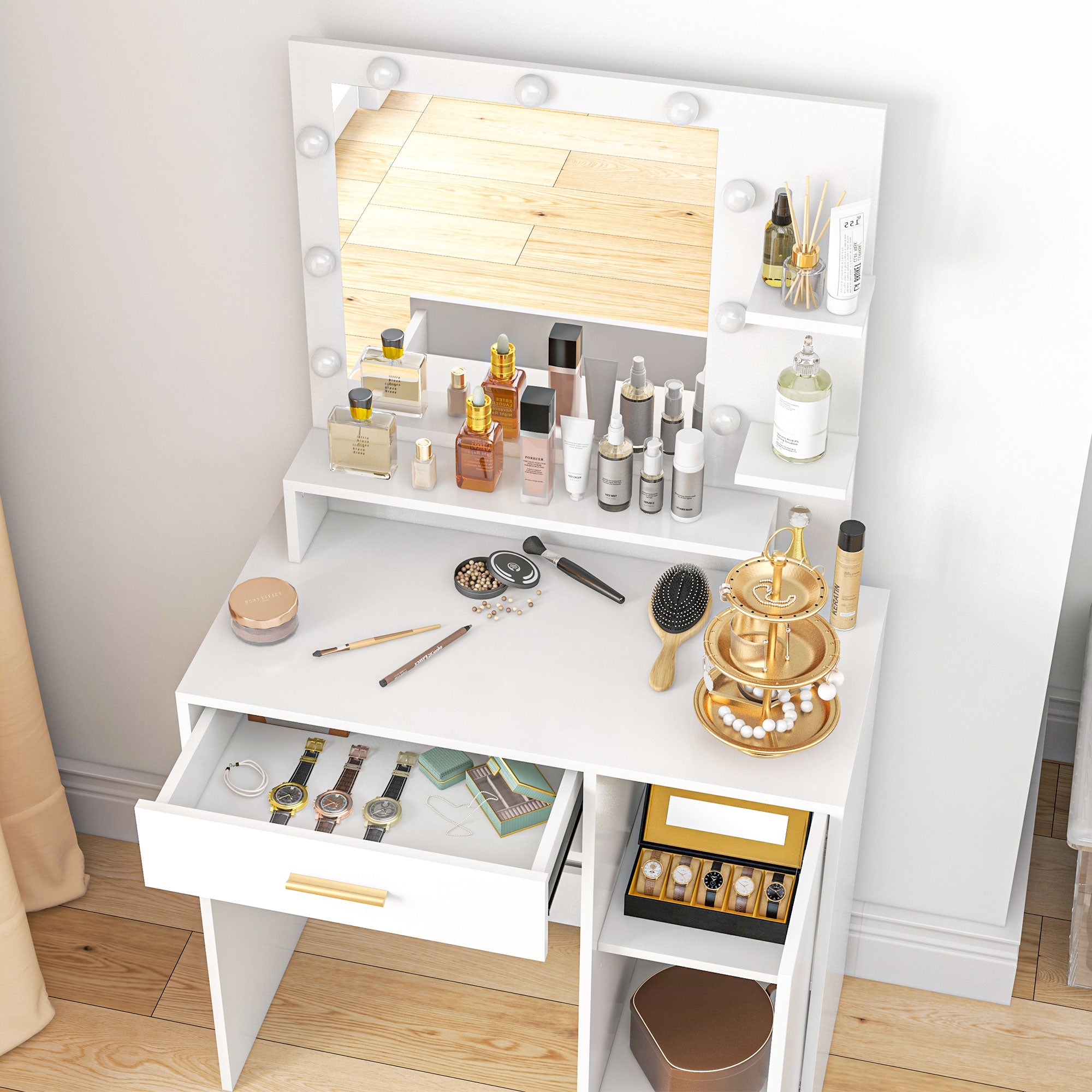 Makeup Vanity with Stool Makeup Table with LED Mirror Drawers Adjustable Shelf Open Shelves for Bedroom Living Room White