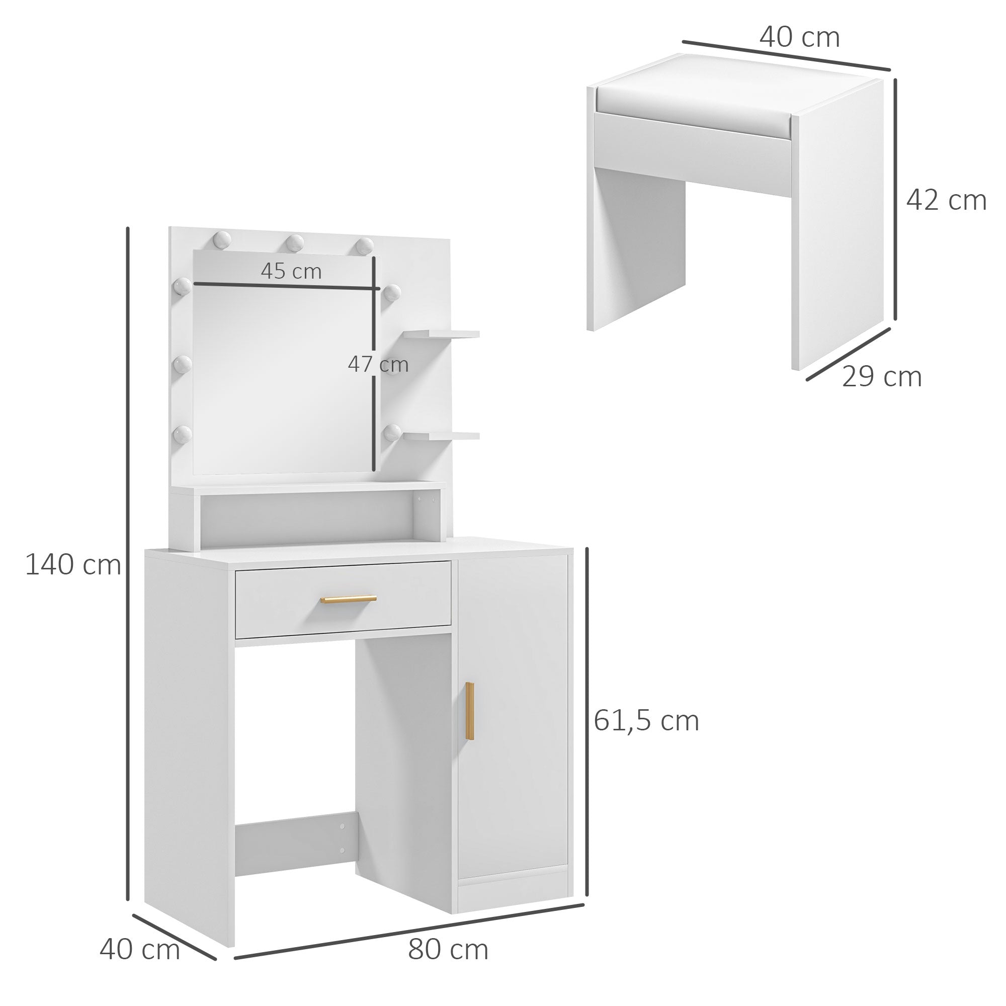 Makeup Vanity with Stool Makeup Table with LED Mirror Drawers Adjustable Shelf Open Shelves for Bedroom Living Room White