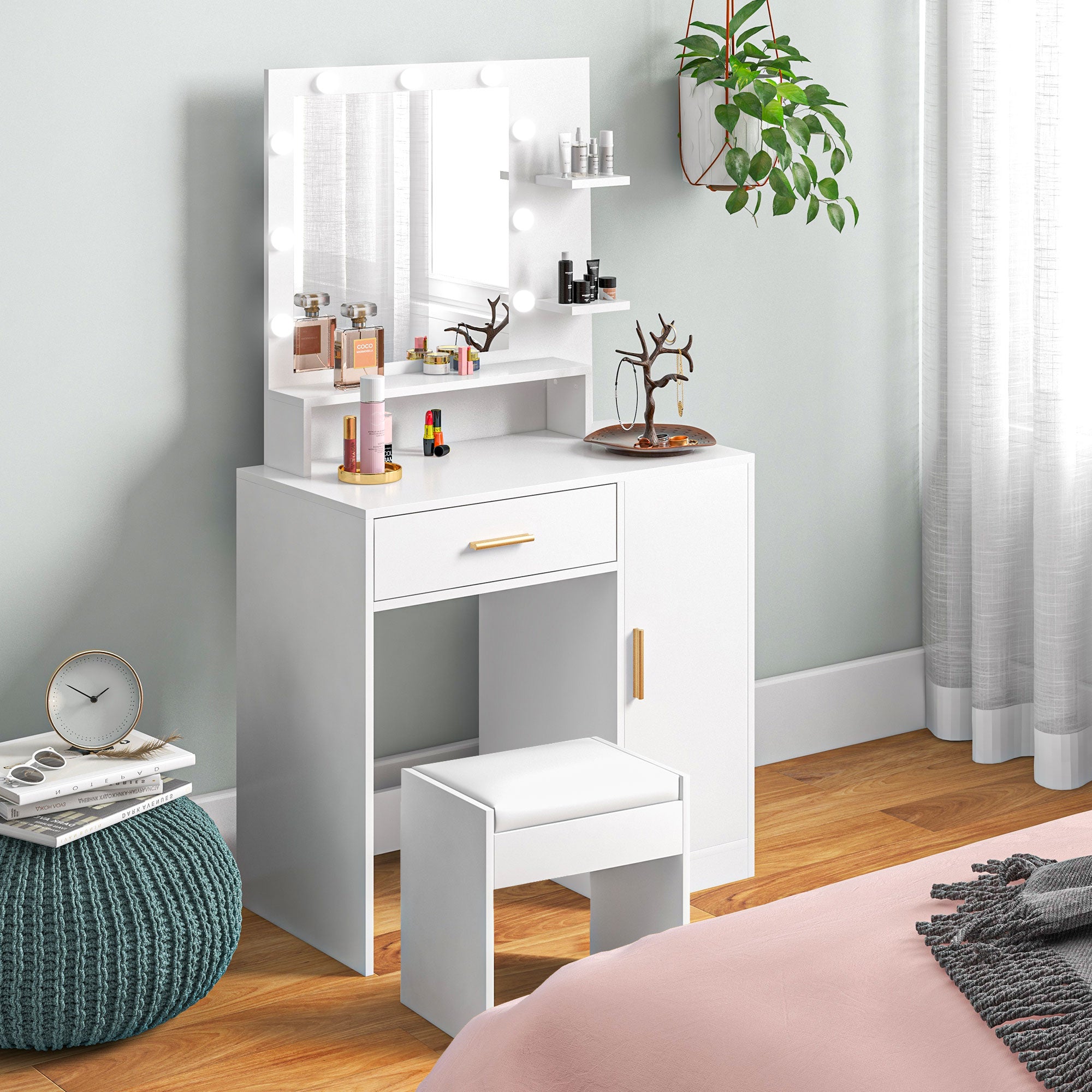 Makeup Vanity with Stool Makeup Table with LED Mirror Drawers Adjustable Shelf Open Shelves for Bedroom Living Room White