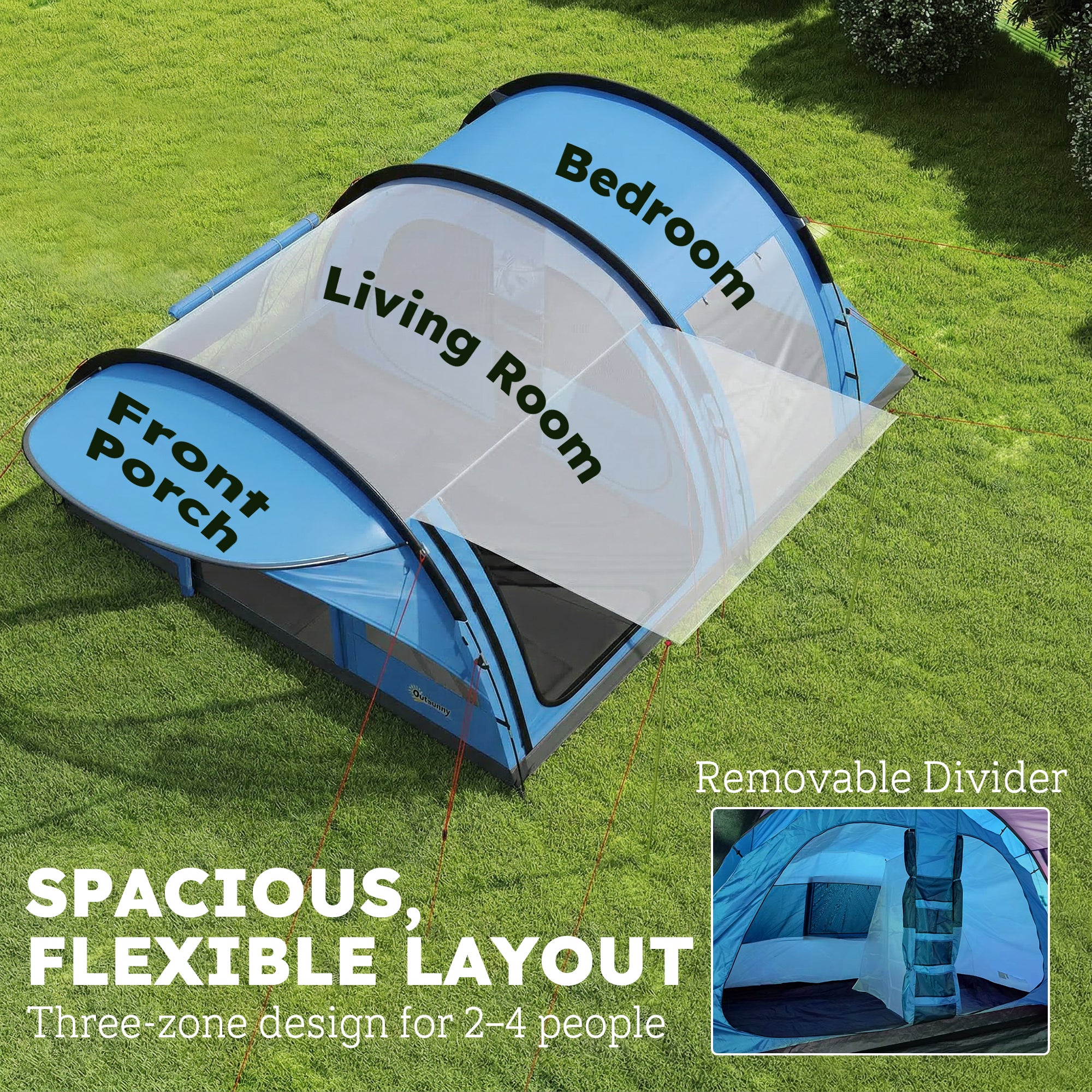 4-Person Tunnel Family Tent with Living Area, Removable Divider, Windows, Groundsheet, Standing Height — 3000 mm Waterproof (Sky Blue & Grey)