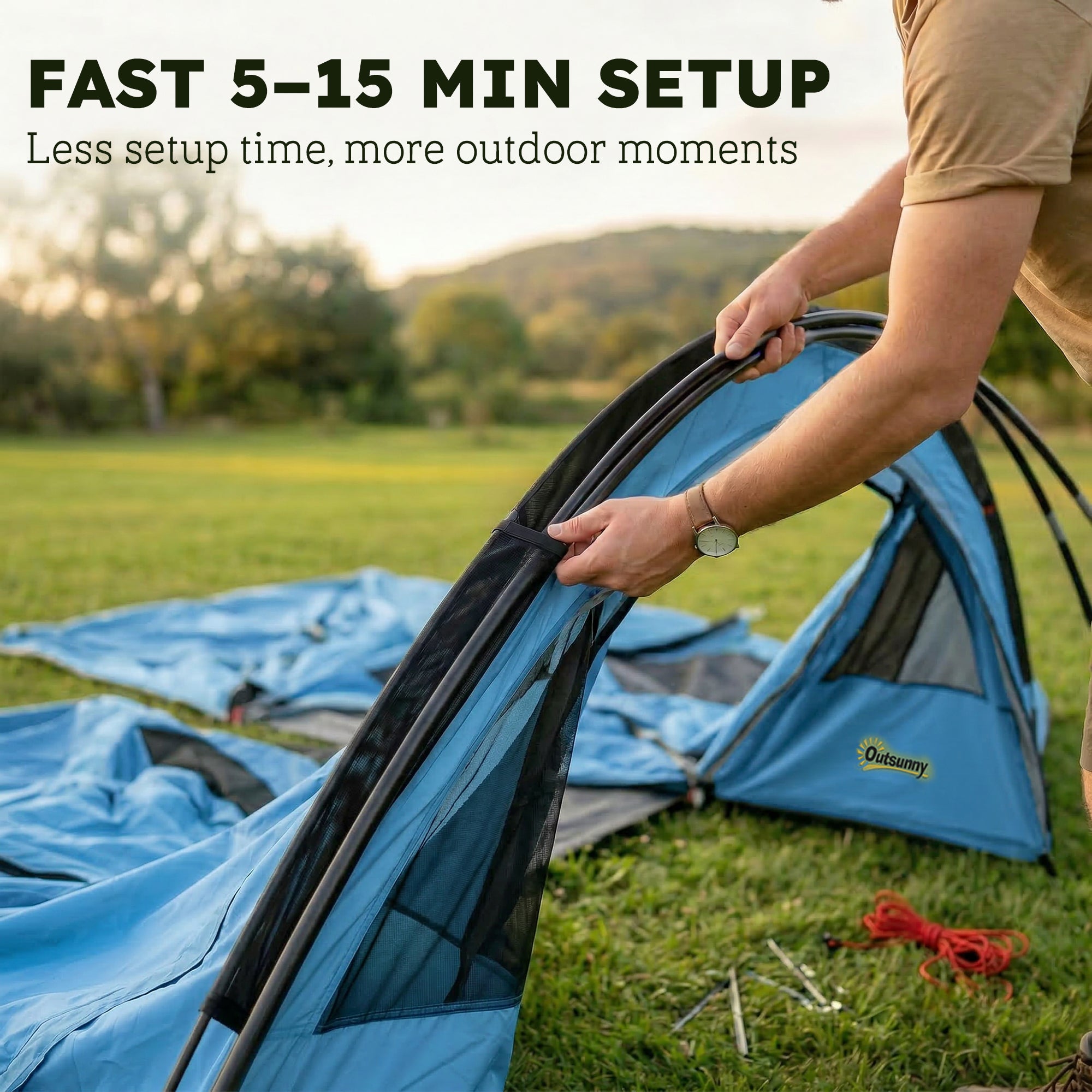 4-Person Tunnel Family Tent with Living Area, Removable Divider, Windows, Groundsheet, Standing Height — 3000 mm Waterproof (Sky Blue & Grey)