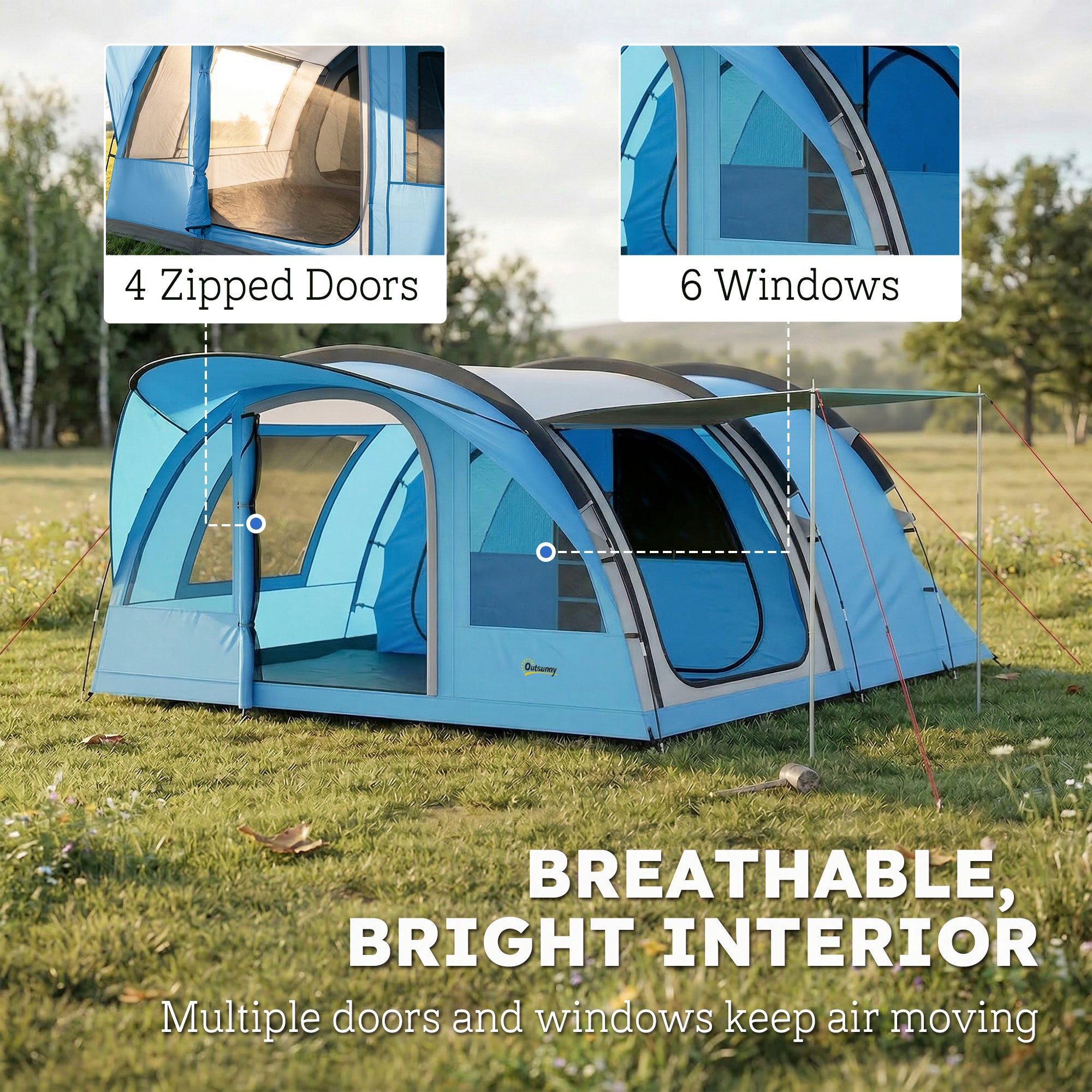 4-Person Tunnel Family Tent with Living Area, Removable Divider, Windows, Groundsheet, Standing Height — 3000 mm Waterproof (Sky Blue & Grey)