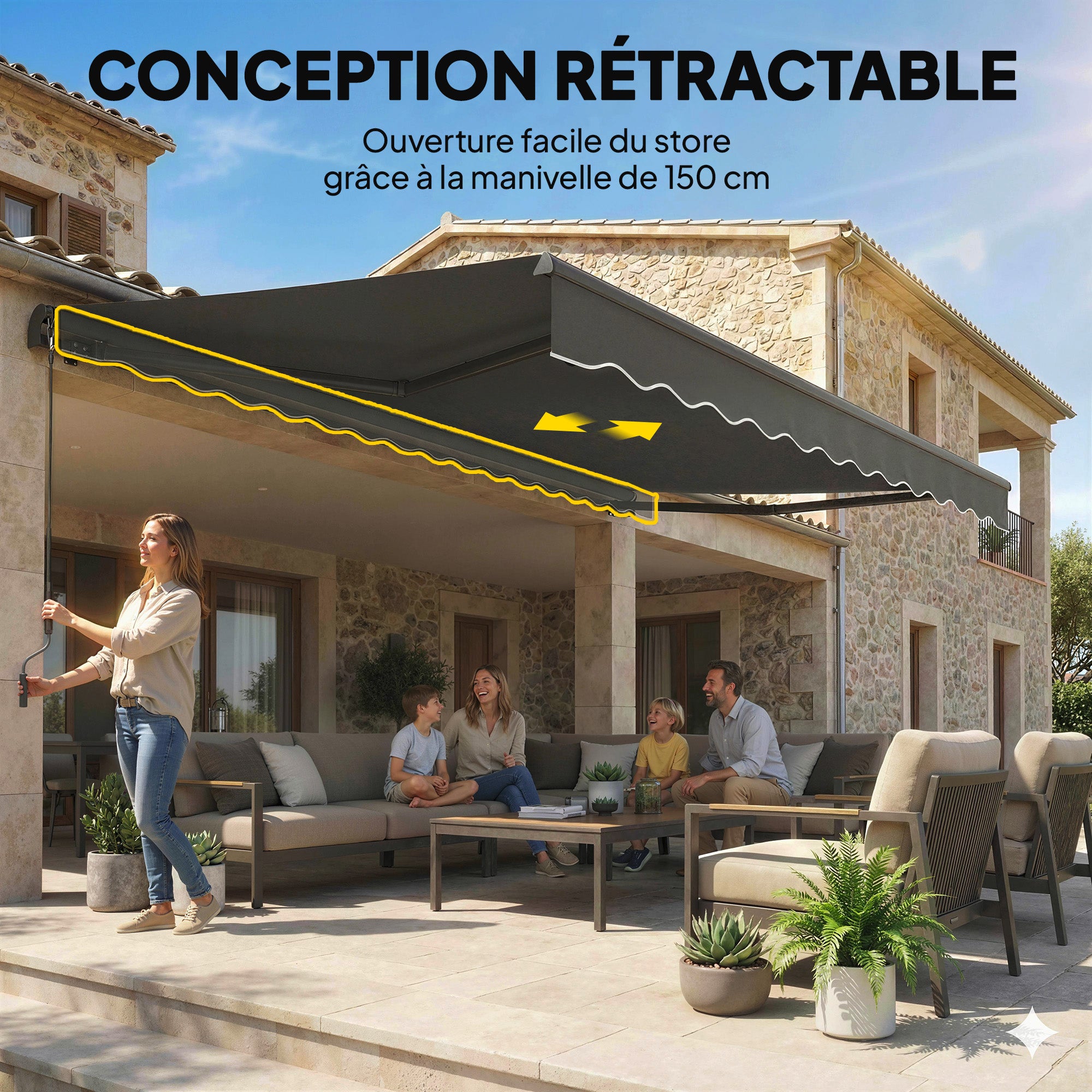 Manual Retractable Awning 11.5' x 9.8' — Adjustable Tilt, Crank-Operated, Aluminum Frame, 280 g/m² Polyester, UPF50+, Water-Resistant, Dark Gray