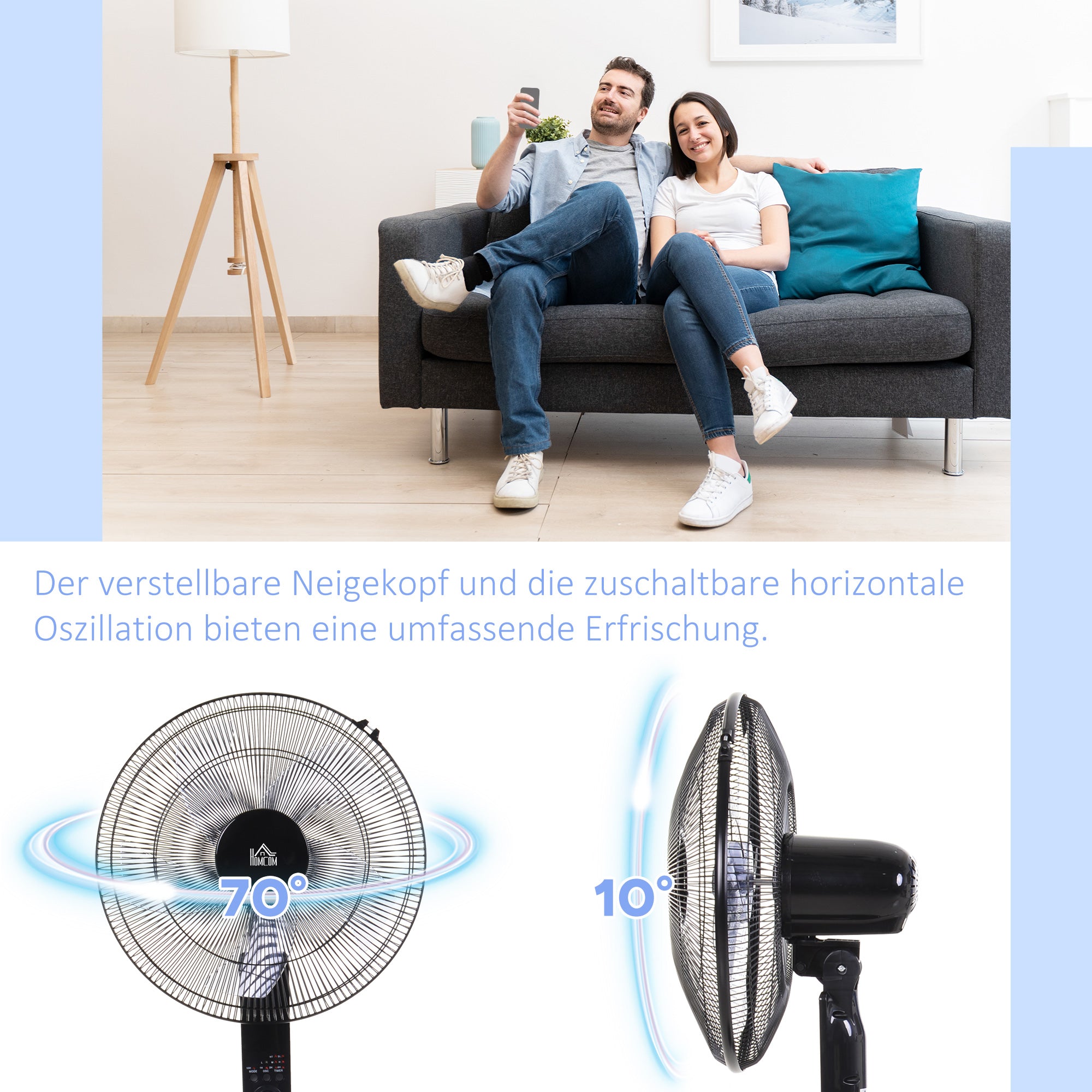 Stand Fan with Remote Control, Floor Fan, Adjustable Height Air Circulator, 3 Speeds, Adjustable Tilt Angle, Metal, Black, Ø44.5 x H110-124 cm