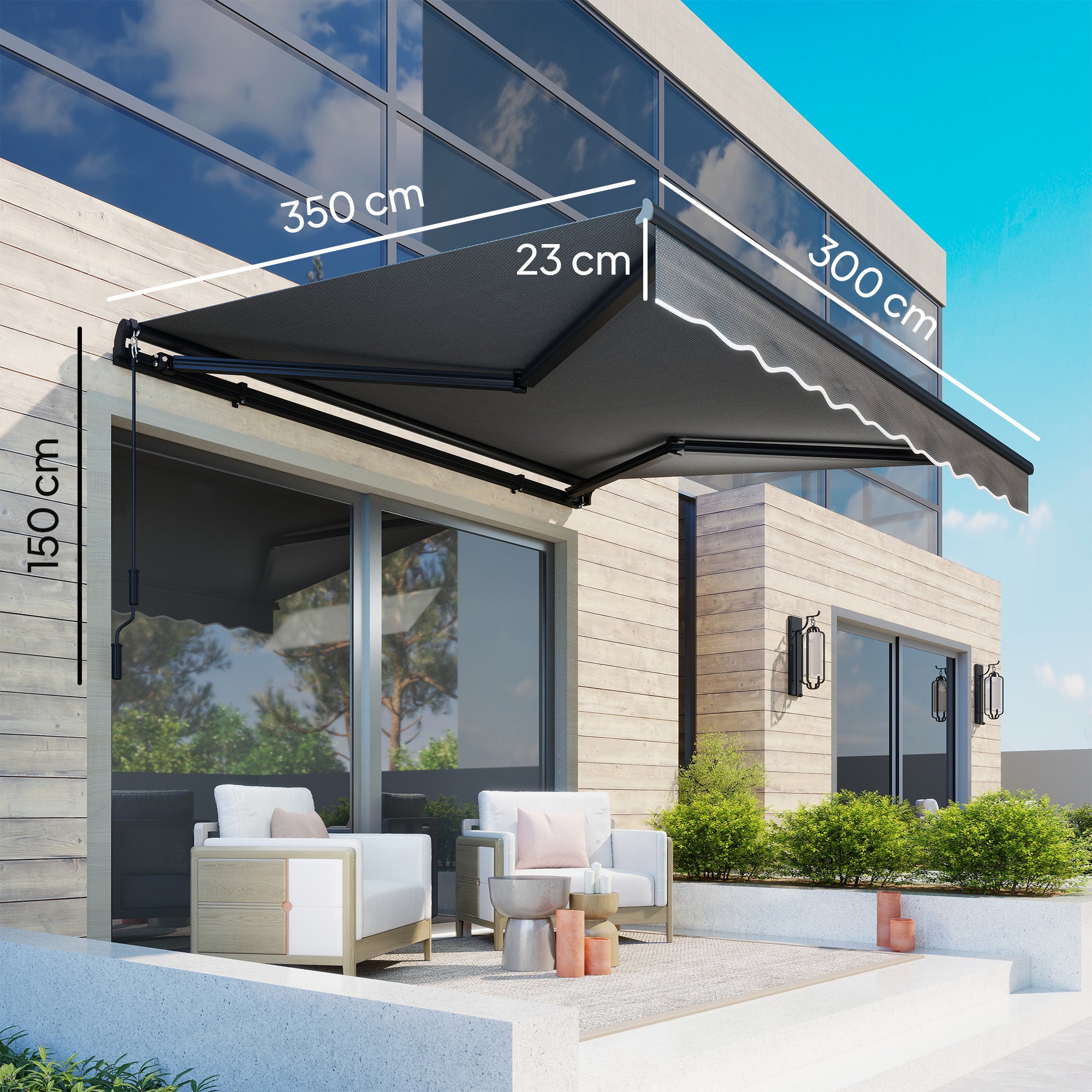 Manual Retractable Awning 11.5' x 9.8' — Adjustable Tilt, Crank-Operated, Aluminum Frame, 280 g/m² Polyester, UPF50+, Water-Resistant, Dark Gray