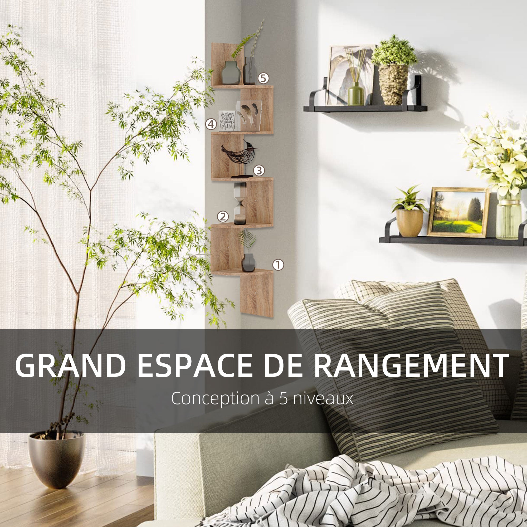 Zigzag Corner Wall Shelf Storage 20L x 20W x 126H cm 5 Levels Light Oak Wood