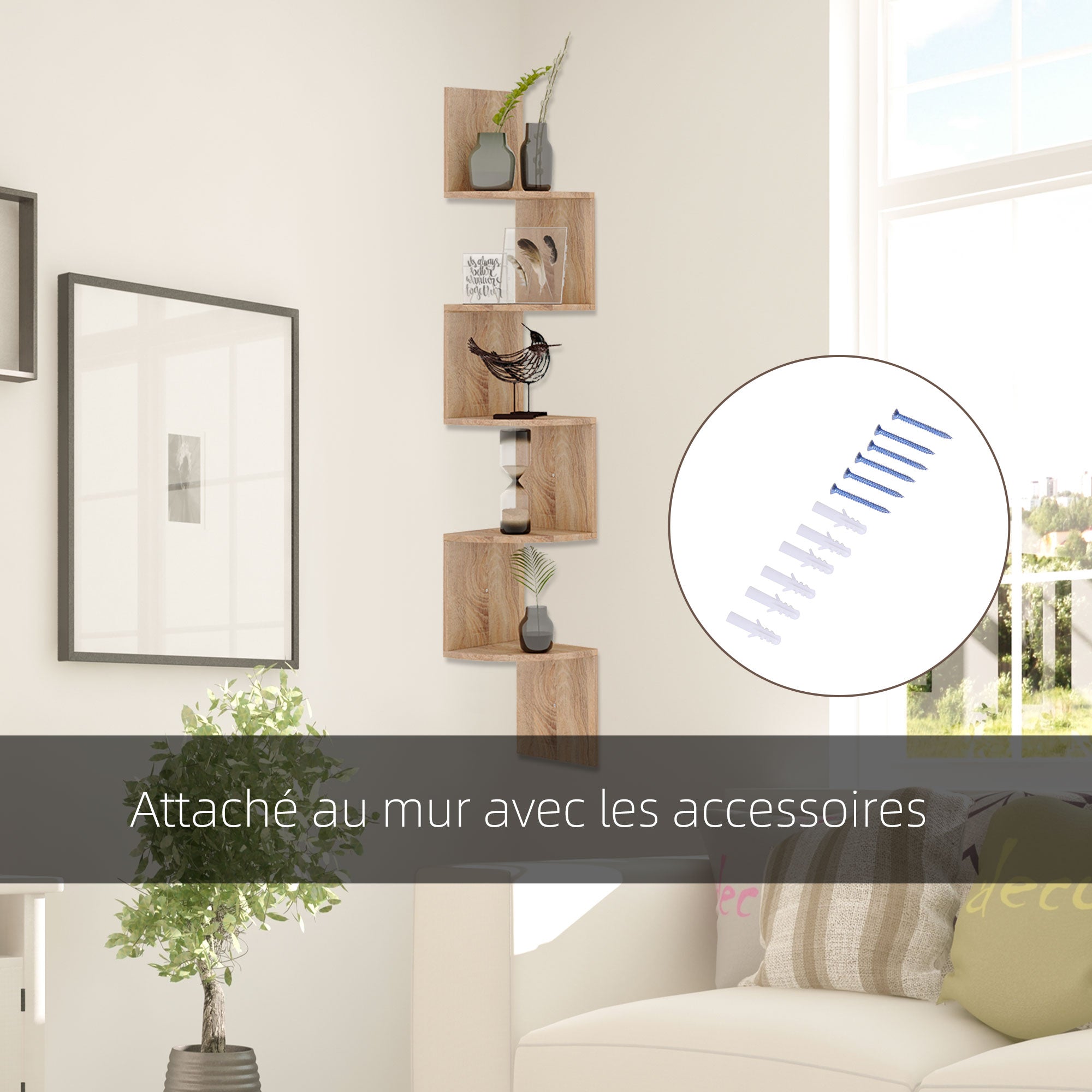 Zigzag Corner Wall Shelf Storage 20L x 20W x 126H cm 5 Levels Light Oak Wood