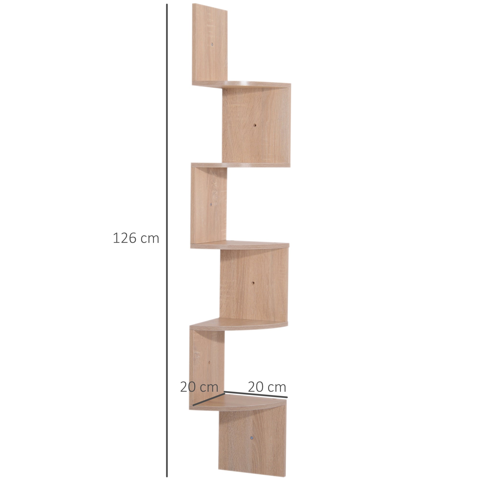 Zigzag Corner Wall Shelf Storage 20L x 20W x 126H cm 5 Levels Light Oak Wood