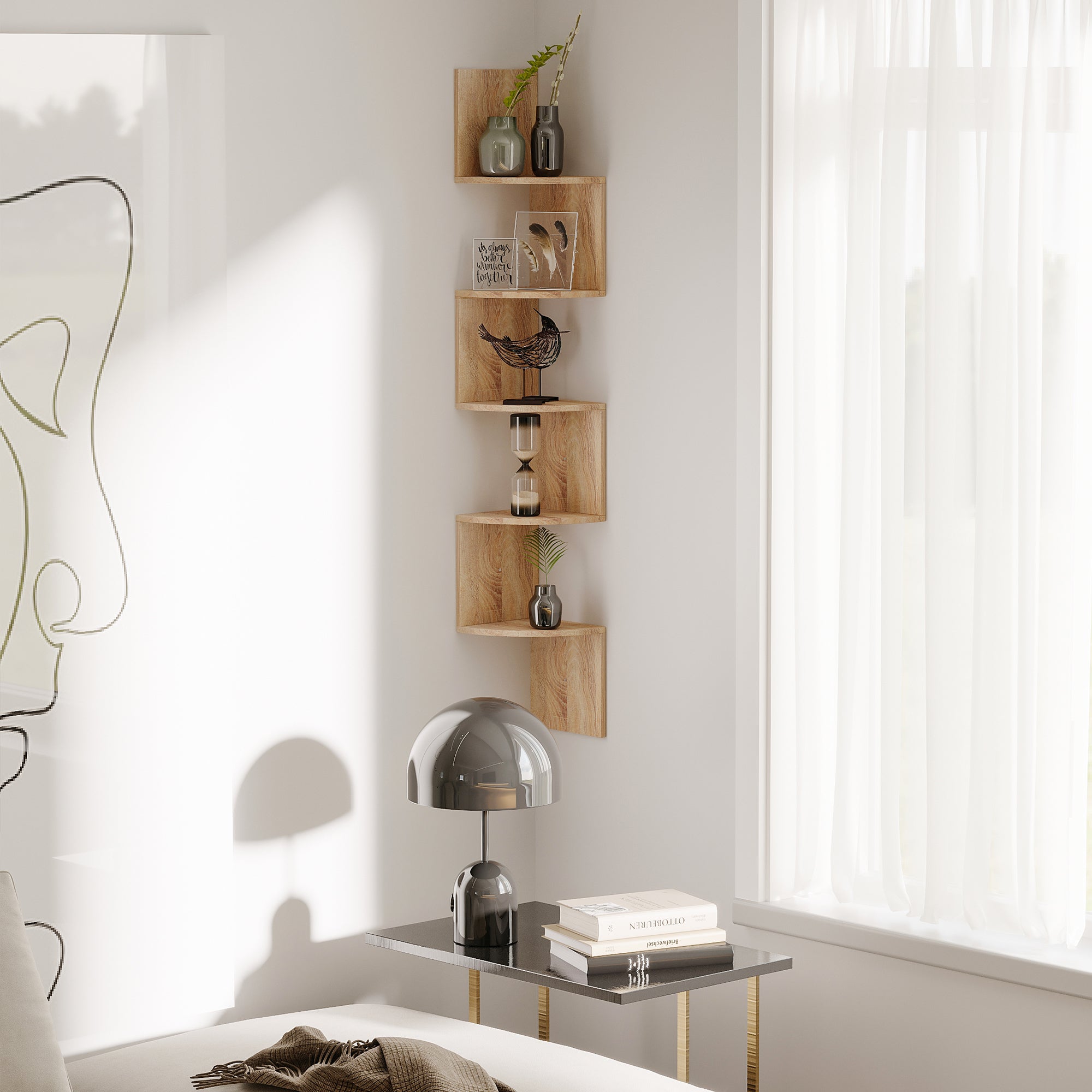 Zigzag Corner Wall Shelf Storage 20L x 20W x 126H cm 5 Levels Light Oak Wood