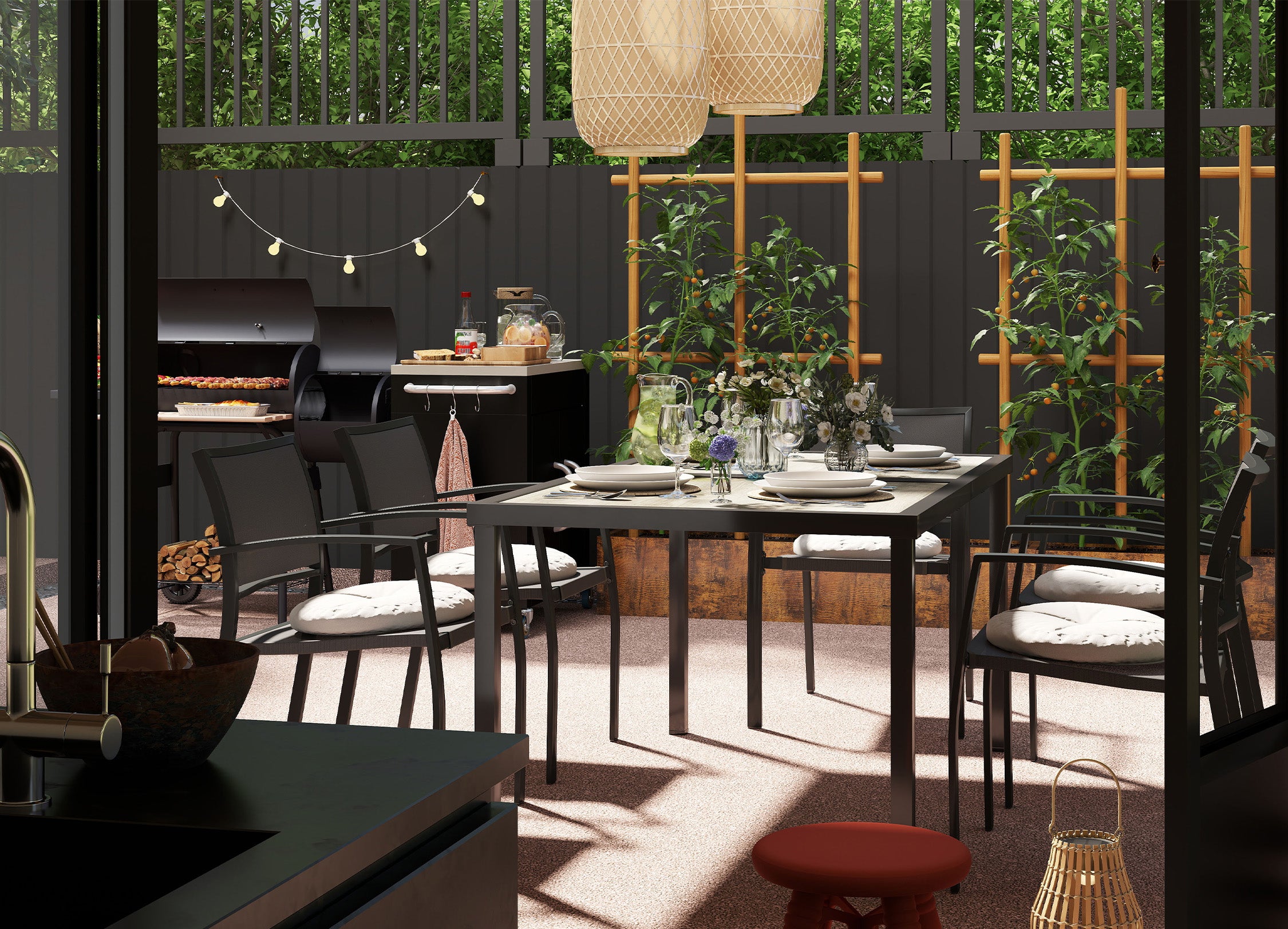 Dining area with a table, chairs, and decorative elements in an outdoor setting.