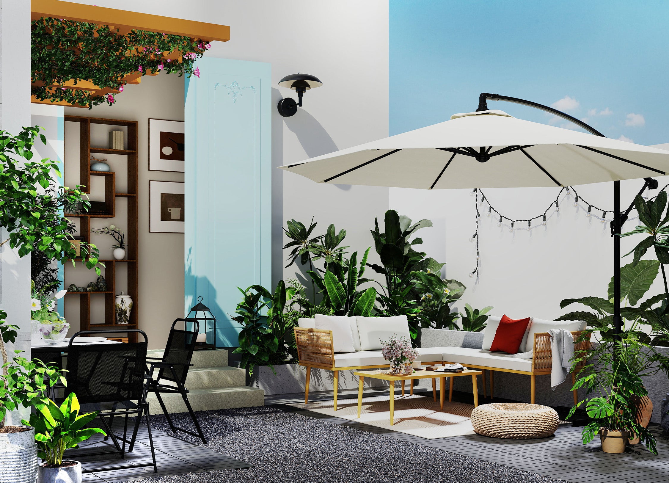 Outdoor patio with furniture, umbrella, and plants on a sunny day