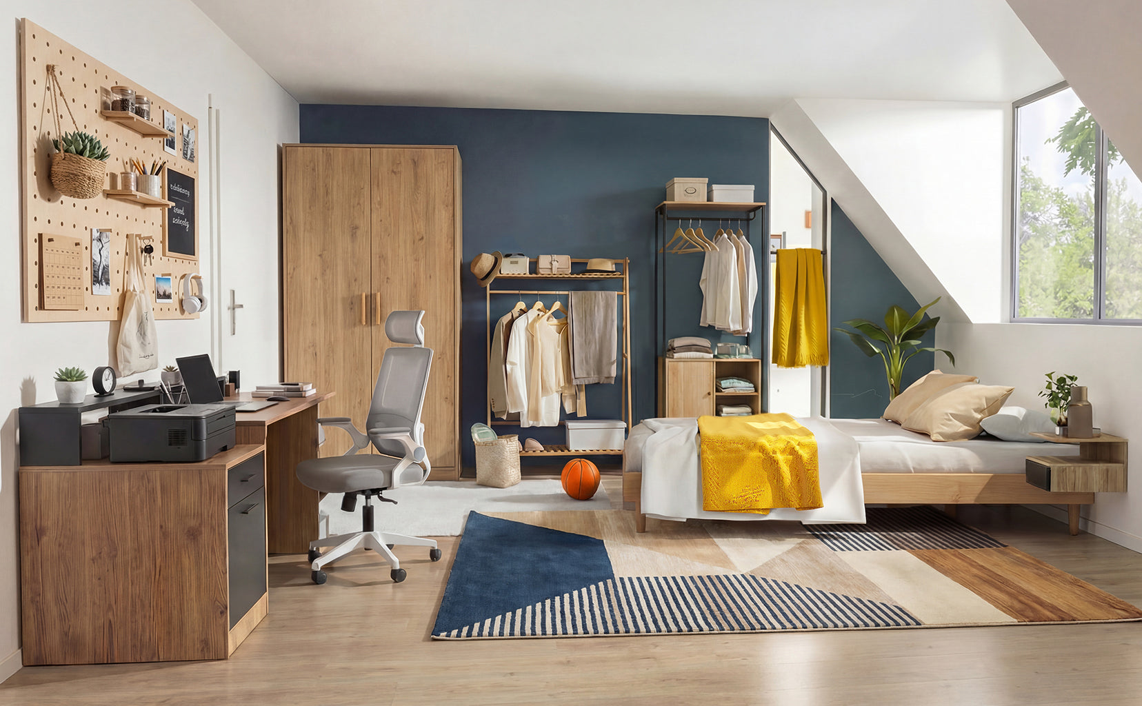 Modern bedroom with wooden desk, chair, and bed with yellow blanket.