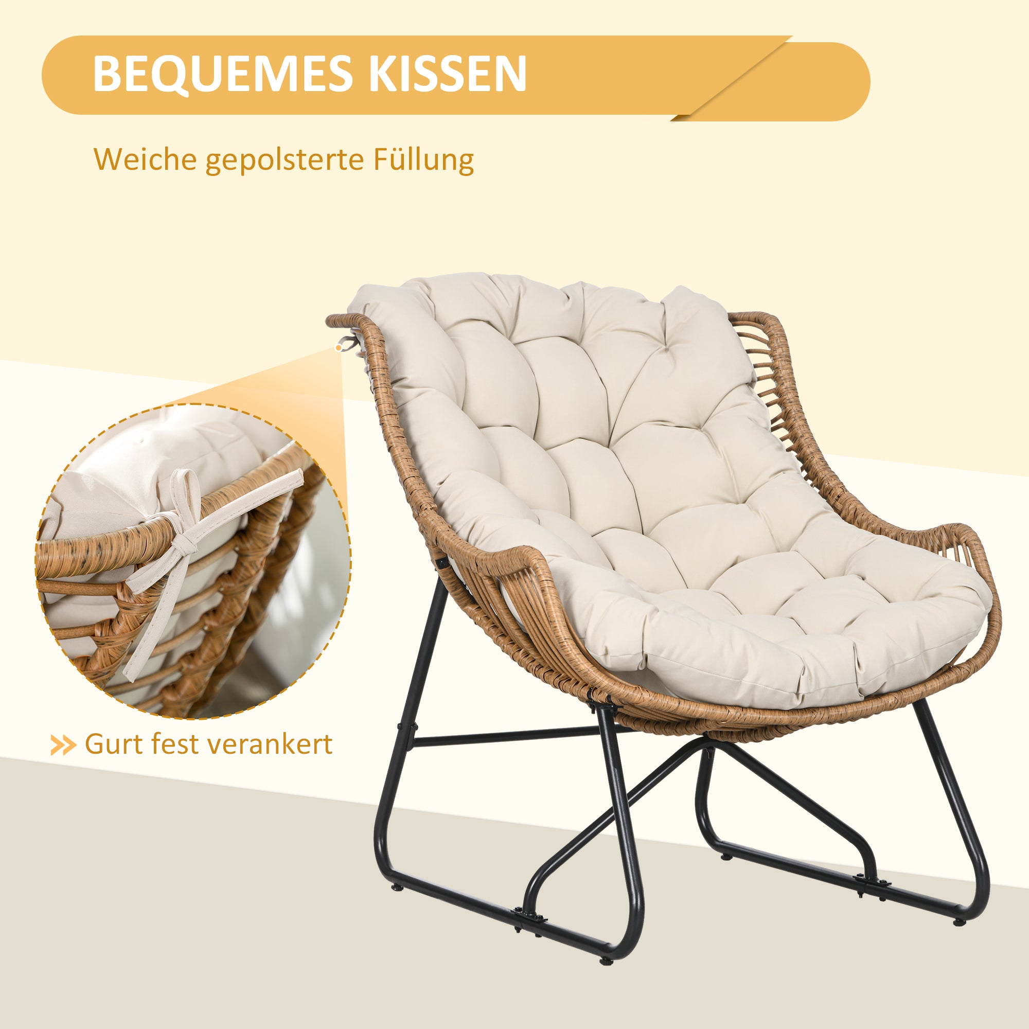 Rattan Chair with Removable Cushion, Padding, Outdoor Poly Rattan Chair, Wicker Chair up to 120kg load capacity, Garden Chairs for Garden Balcony, Porch, Patio Khaki