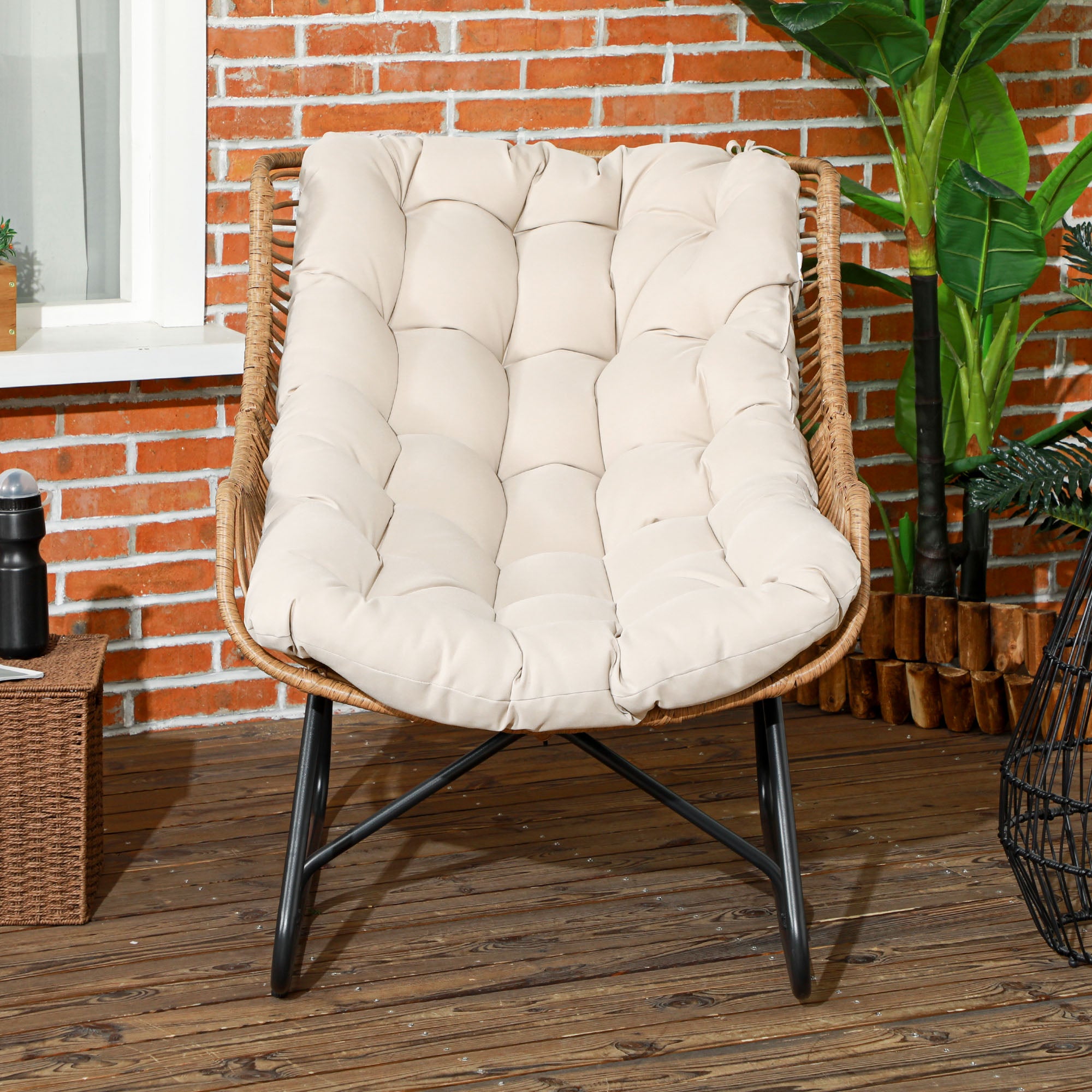 Rattan Chair with Removable Cushion, Padding, Outdoor Poly Rattan Chair, Wicker Chair up to 120kg load capacity, Garden Chairs for Garden Balcony, Porch, Patio Khaki