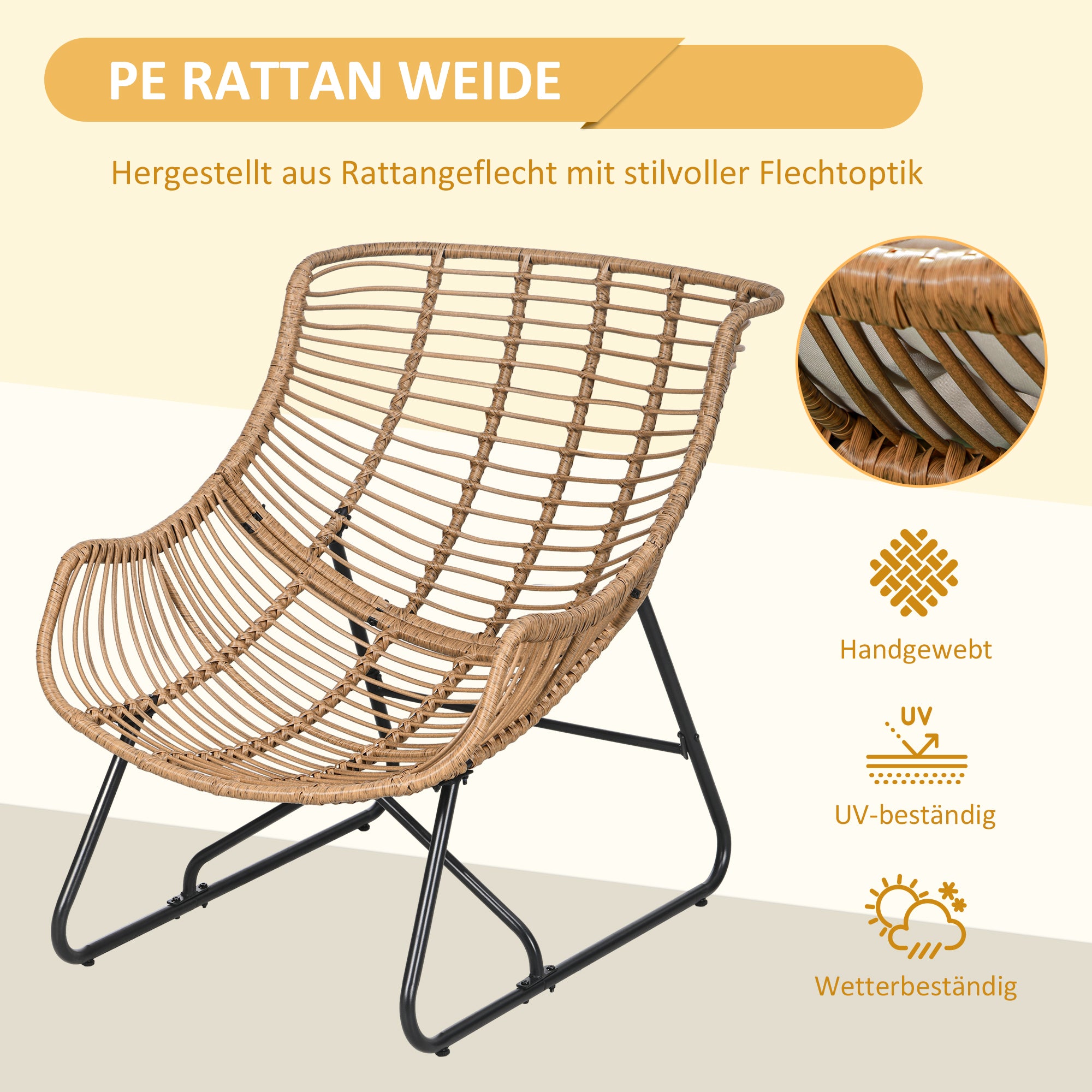 Rattan Chair with Removable Cushion, Padding, Outdoor Poly Rattan Chair, Wicker Chair up to 120kg load capacity, Garden Chairs for Garden Balcony, Porch, Patio Khaki