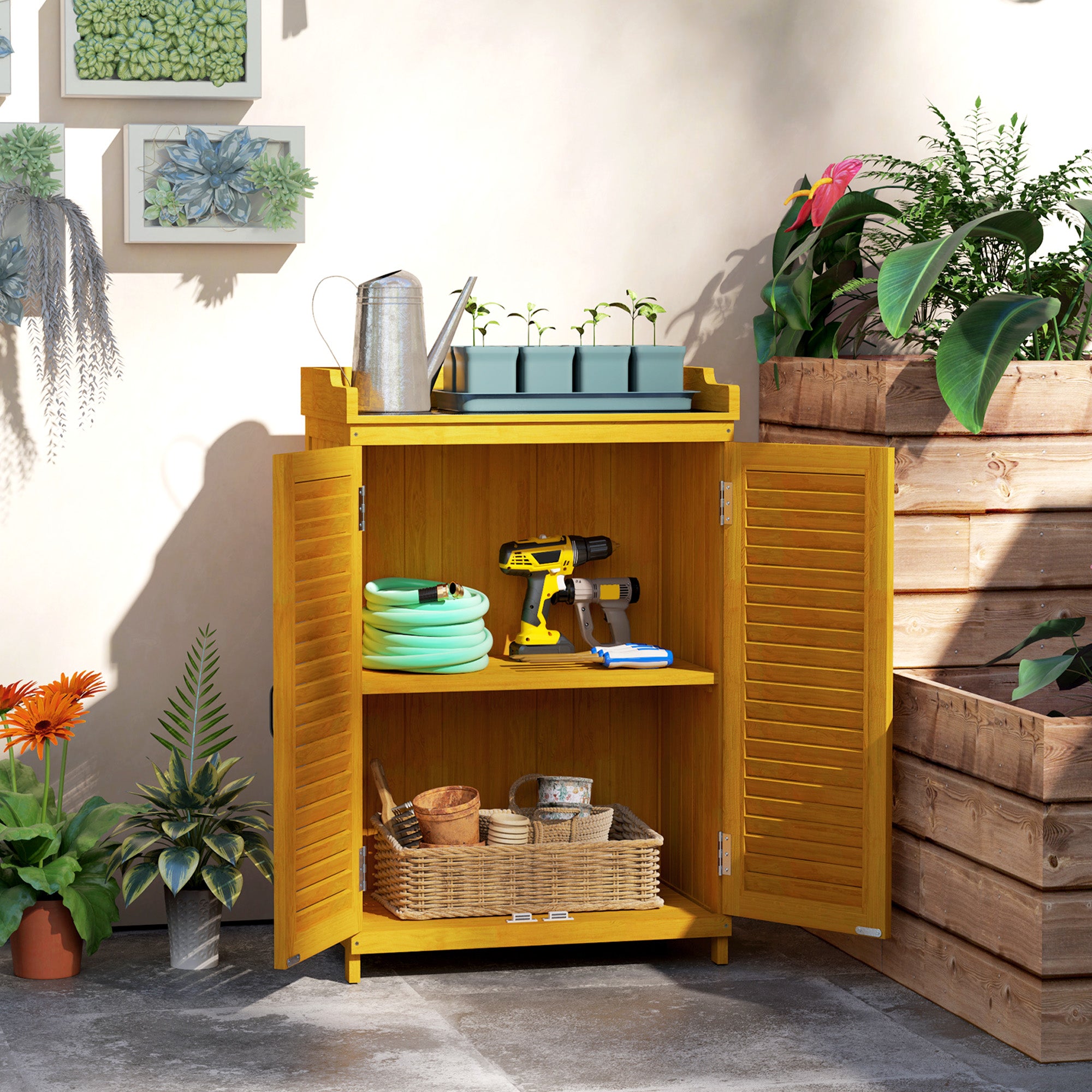 Wooden Garden Cabinet, Tool Shed with Work Area, Weatherproof Tool Cabinet, 65.5x40x98.5cm, Tool House with Louvered Door, Shelves, Tool Cabinet Garden Shed for Garden, Patio, Yellow