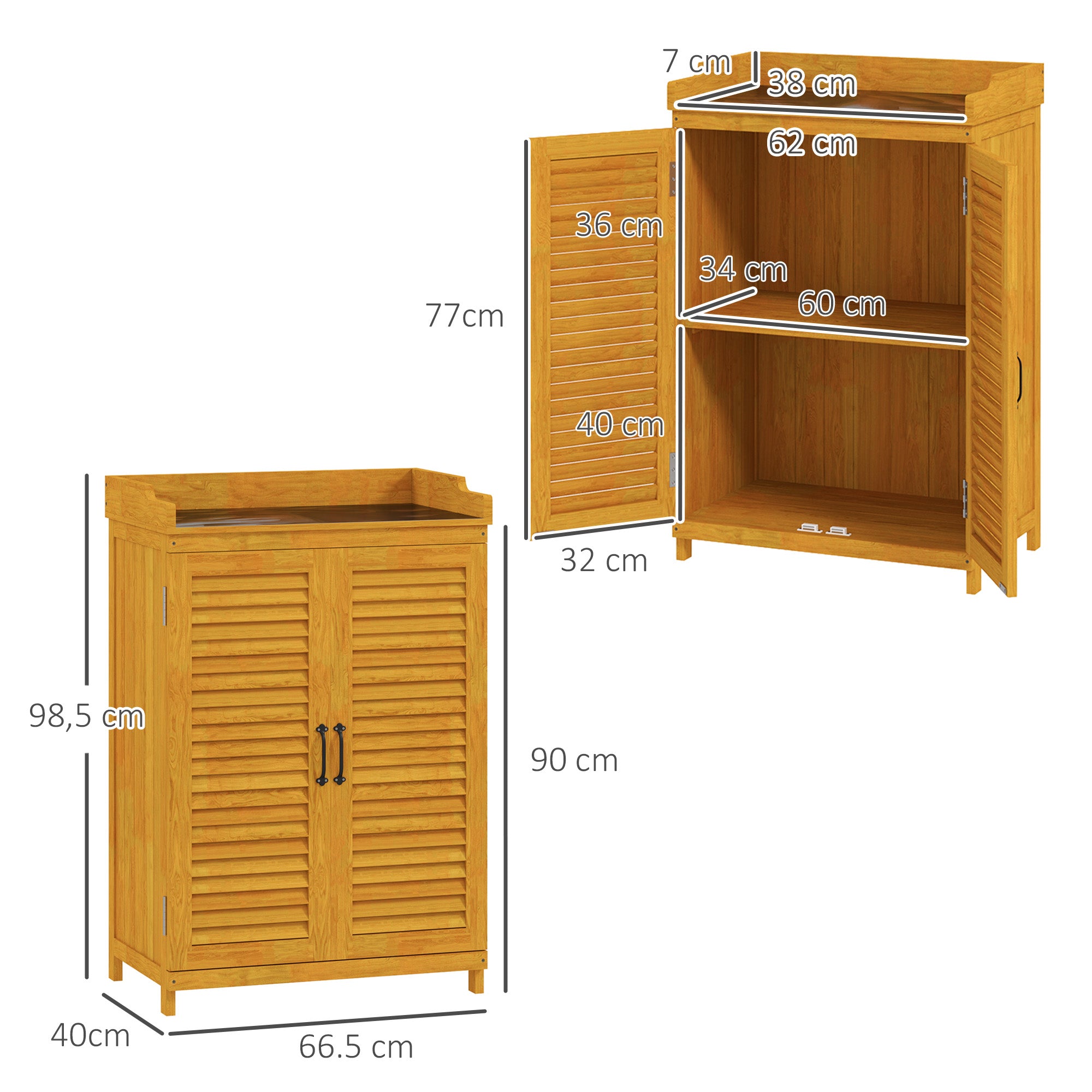 Wooden Garden Cabinet, Tool Shed with Work Area, Weatherproof Tool Cabinet, 65.5x40x98.5cm, Tool House with Louvered Door, Shelves, Tool Cabinet Garden Shed for Garden, Patio, Yellow