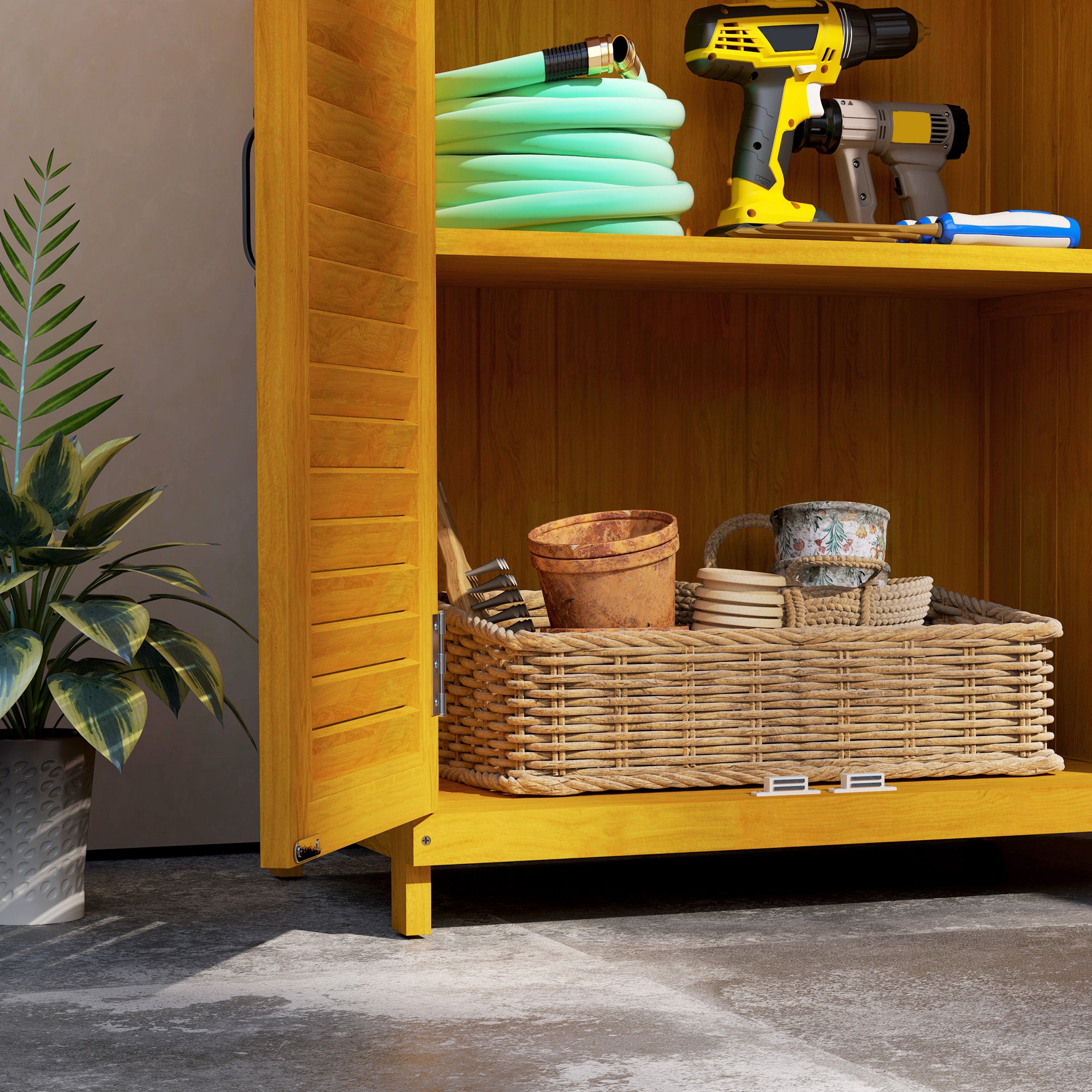 Wooden Garden Cabinet, Tool Shed with Work Area, Weatherproof Tool Cabinet, 65.5x40x98.5cm, Tool House with Louvered Door, Shelves, Tool Cabinet Garden Shed for Garden, Patio, Yellow