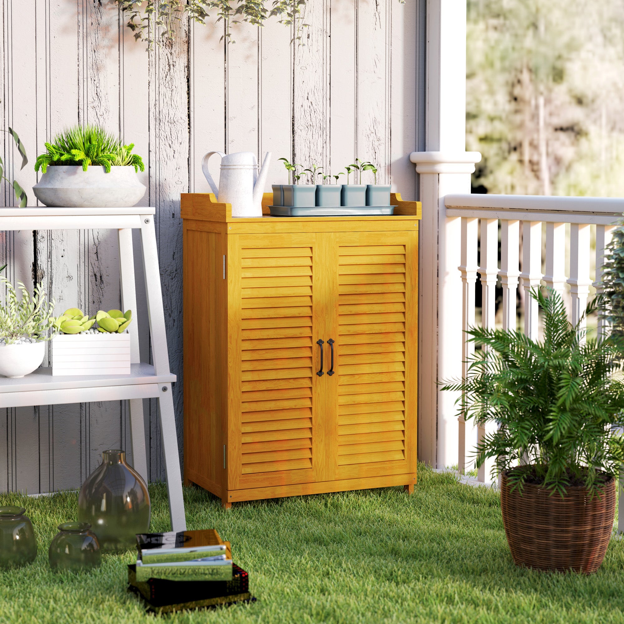 Wooden Garden Cabinet, Tool Shed with Work Area, Weatherproof Tool Cabinet, 65.5x40x98.5cm, Tool House with Louvered Door, Shelves, Tool Cabinet Garden Shed for Garden, Patio, Yellow