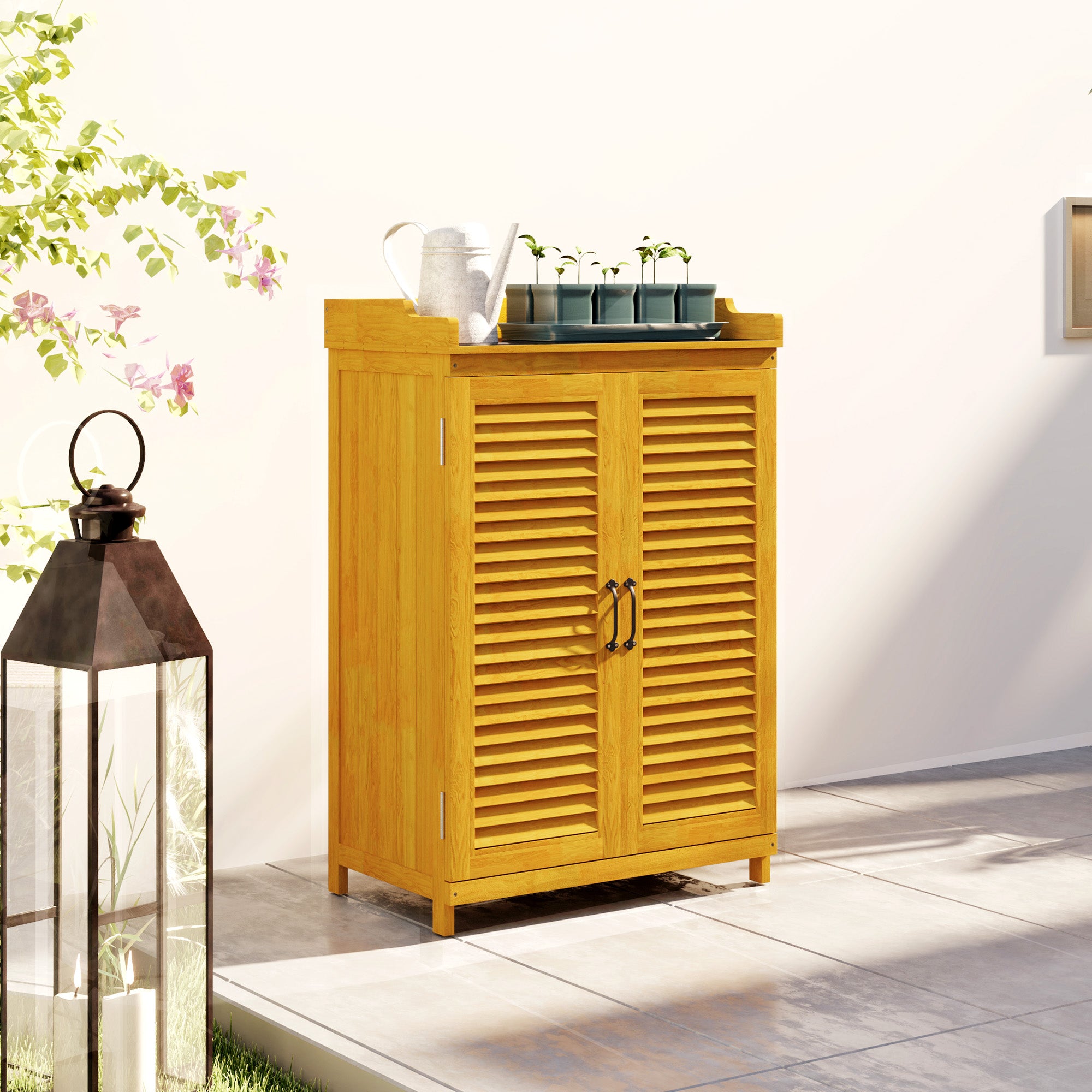 Wooden Garden Cabinet, Tool Shed with Work Area, Weatherproof Tool Cabinet, 65.5x40x98.5cm, Tool House with Louvered Door, Shelves, Tool Cabinet Garden Shed for Garden, Patio, Yellow