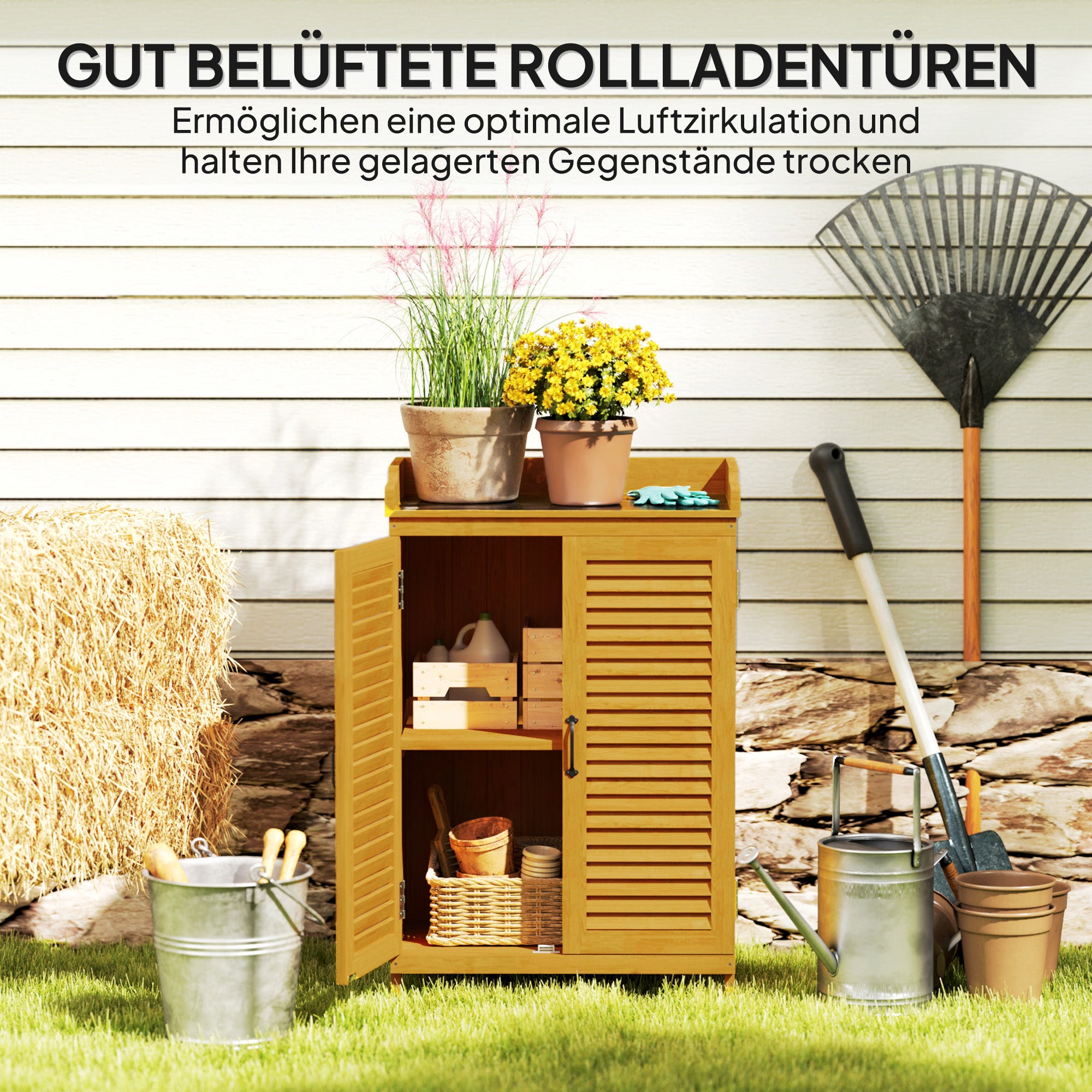 Wooden Garden Cabinet, Tool Shed with Work Area, Weatherproof Tool Cabinet, 65.5x40x98.5cm, Tool House with Louvered Door, Shelves, Tool Cabinet Garden Shed for Garden, Patio, Yellow