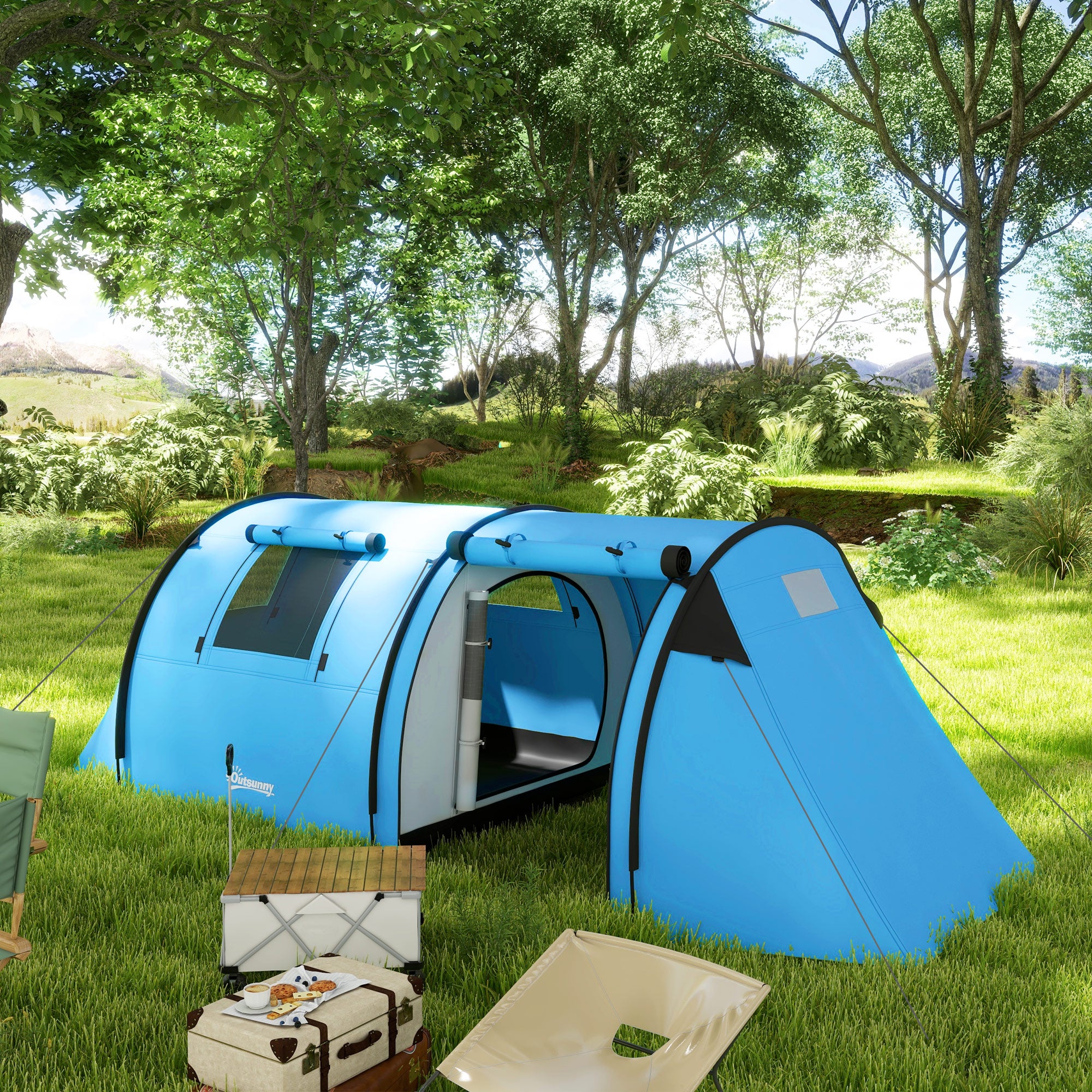 3-Person Family Camping Tent — Foldable Lightweight Tent with Doors, Windows & Hanging Hook, Carry Bag, 3000 mm Waterproof, 470 x 220 x 150 cm (Sky Blue)