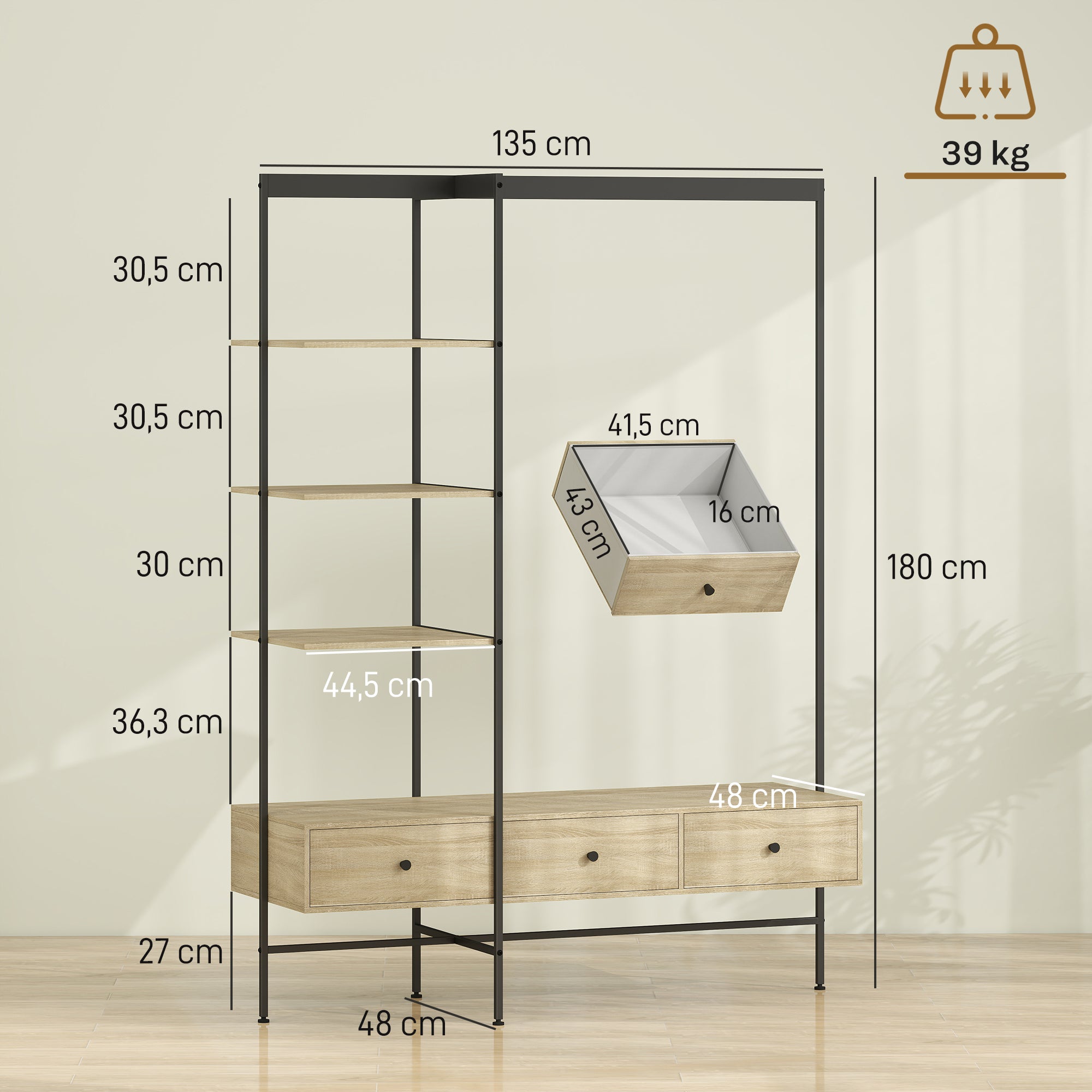 4-in-1 Freestanding Coat Rack with Shelves, Drawers & Hanging Rod — Oak Finish, Metal Frame, Anti-Tip (70.9" H)