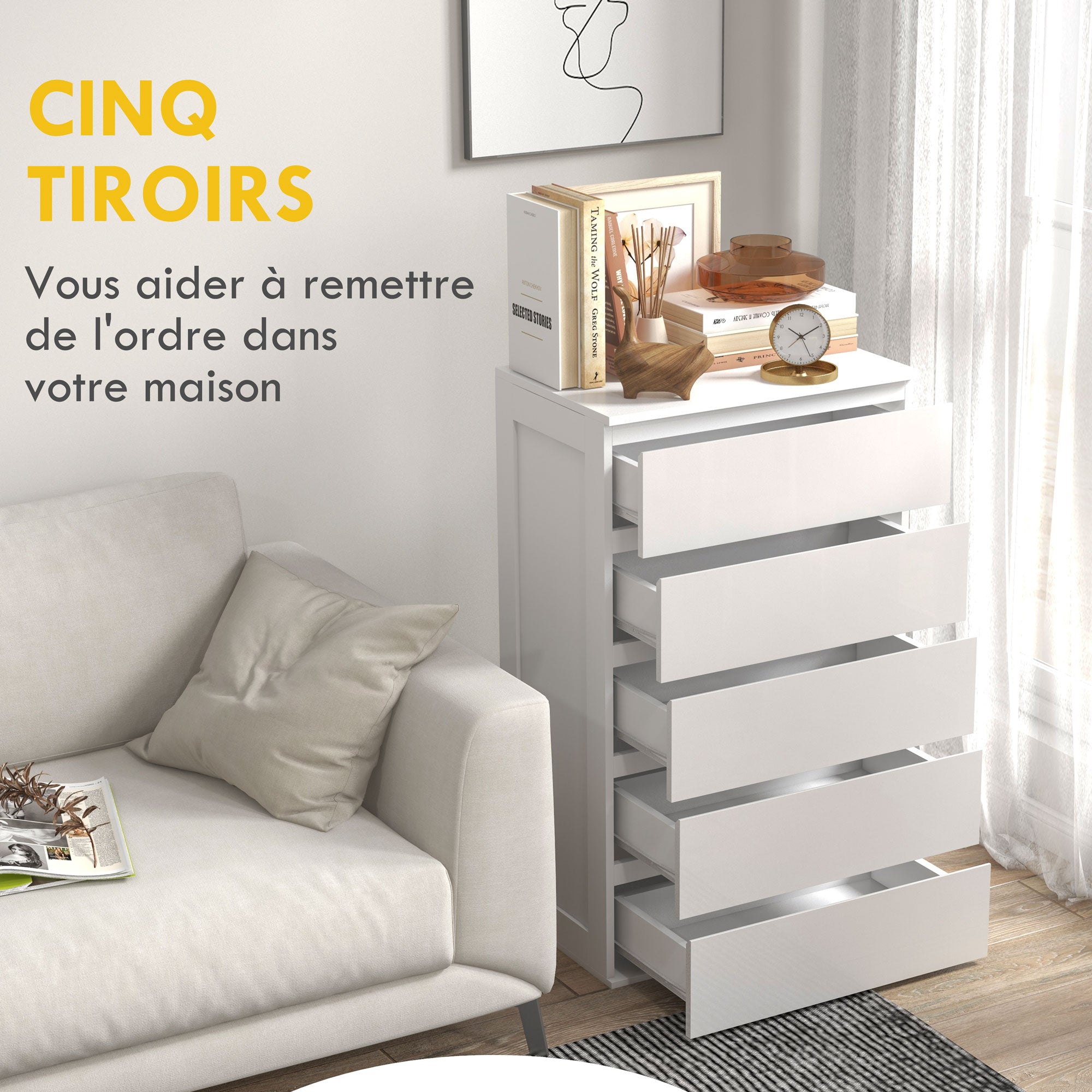 5-Drawer Chest Bedroom Storage Unit Modern Stylish Smooth Close Mechanism for Bedroom, Living Room - 60 x 38 x 100 cm, White