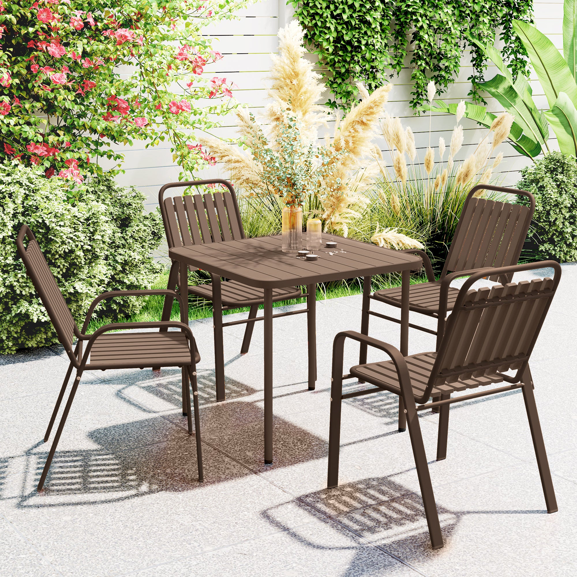 Set of 4 Stackable Garden Chairs with High Backrest and Armrests, Outdoor Chairs in PP Plastic and Steel, for Patio, Balcony, Terrace, Outdoor and Indoor, 56x66x91 cm, Dark Brown