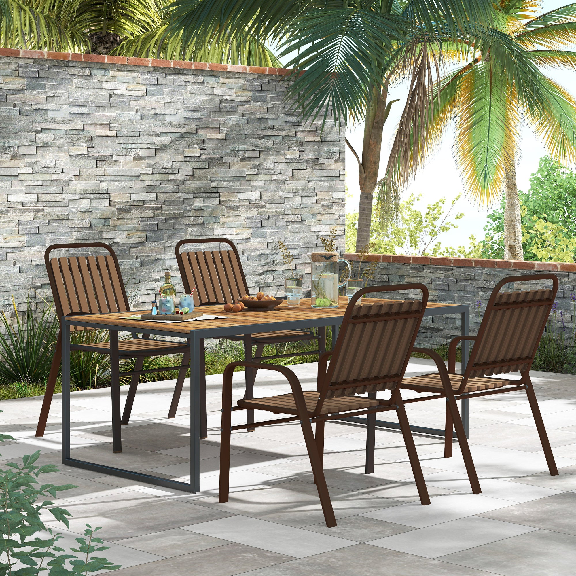Set of 4 Stackable Garden Chairs with High Backrest and Armrests, Outdoor Chairs in PP Plastic and Steel, for Patio, Balcony, Terrace, Outdoor and Indoor, 56x66x91 cm, Dark Brown