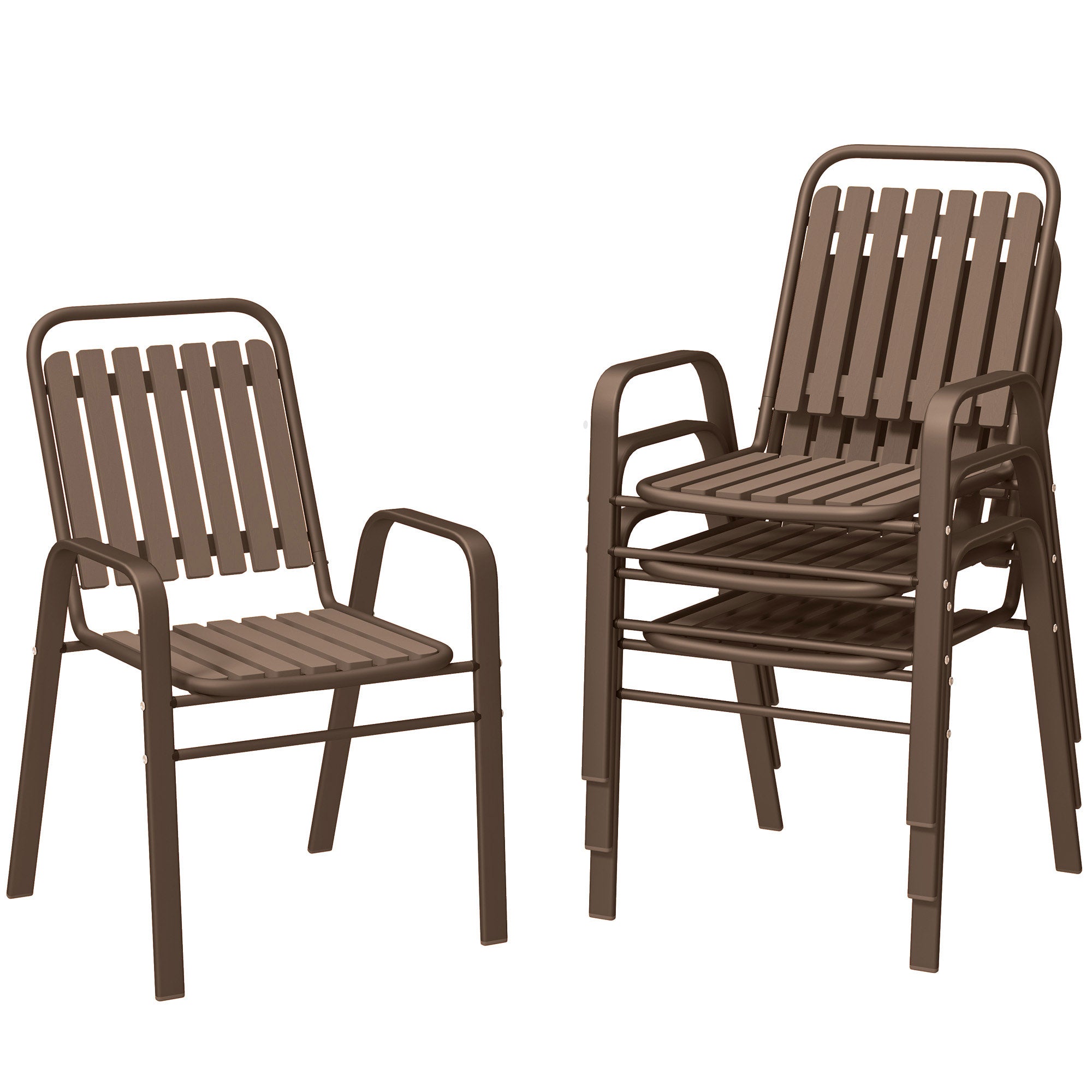 Set of 4 Stackable Garden Chairs with High Backrest and Armrests, Outdoor Chairs in PP Plastic and Steel, for Patio, Balcony, Terrace, Outdoor and Indoor, 56x66x91 cm, Dark Brown