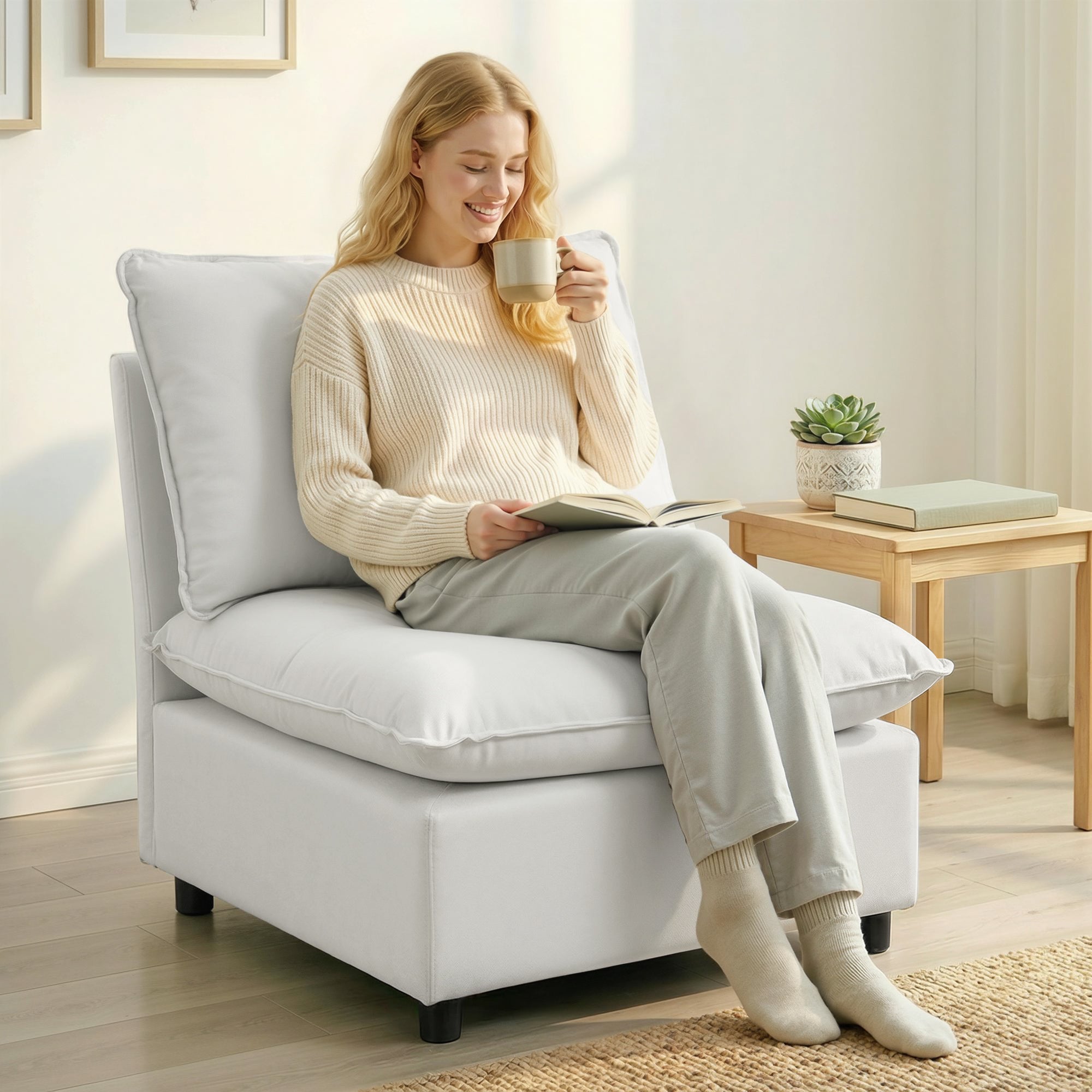 Wide Deep-Seat Upholstered Lounge Chair — Comfortable Faux Leather Accent Chair, Gray