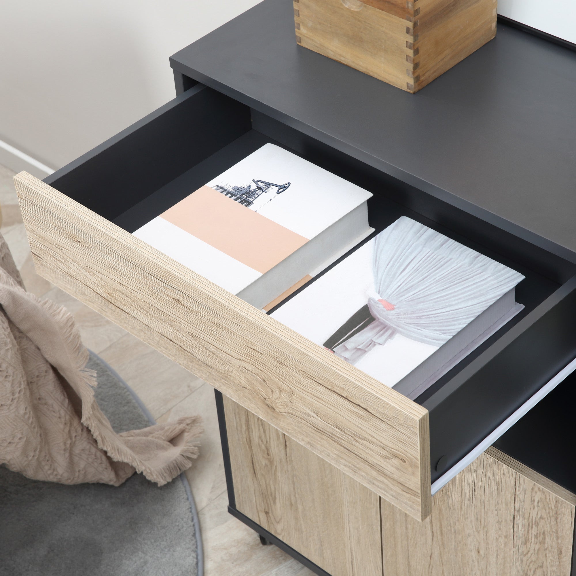 Multipurpose Kitchen Cart with Drawer, Cabinet, and Shelf, Kitchen Island Serving Trolley with 4 Wheels, 80x39x86.5cm, Wood and Black