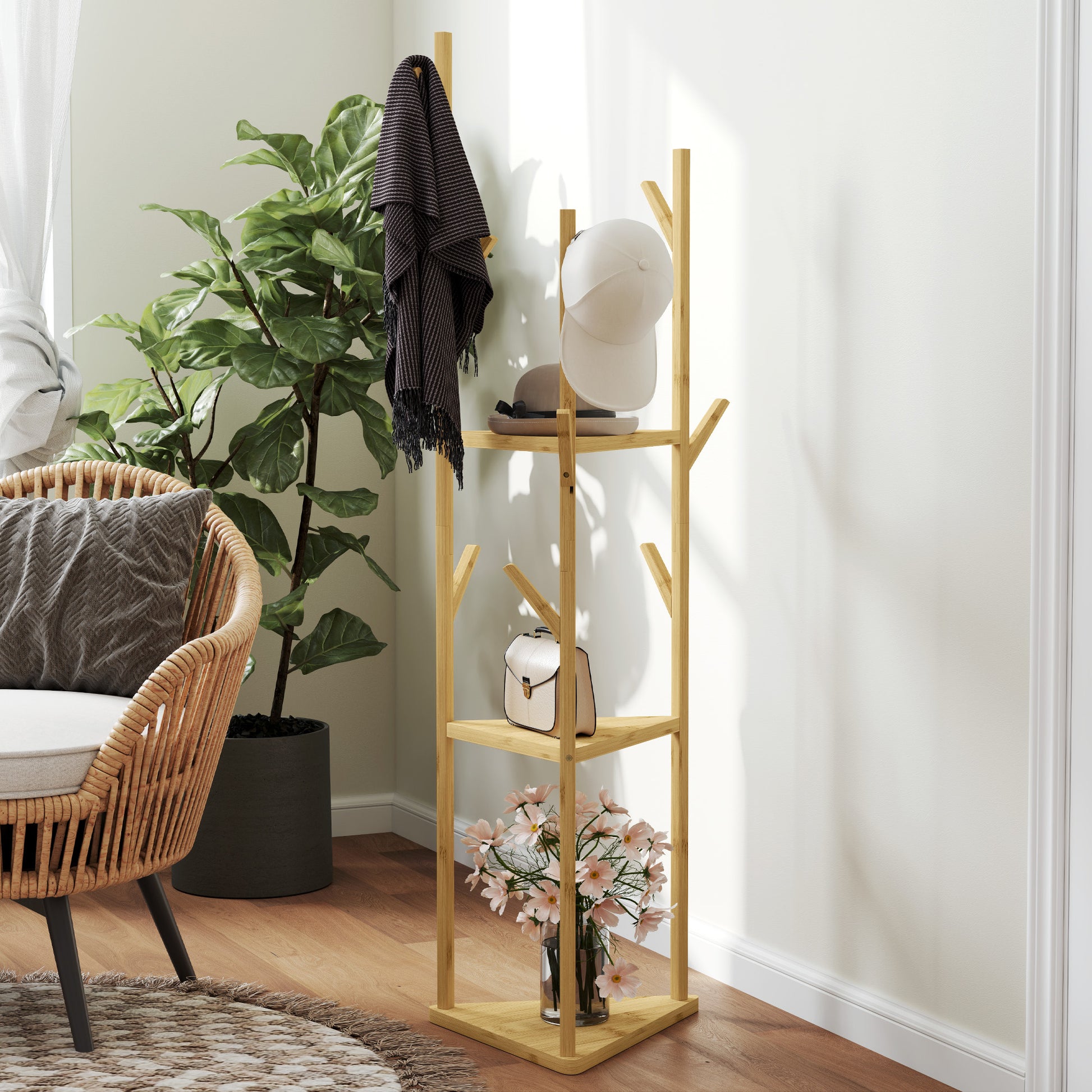 coat rack, clothes rack with 9 hooks, 3 levels, jacket stand modern wardrobe for clothes hat bag, living room, natural